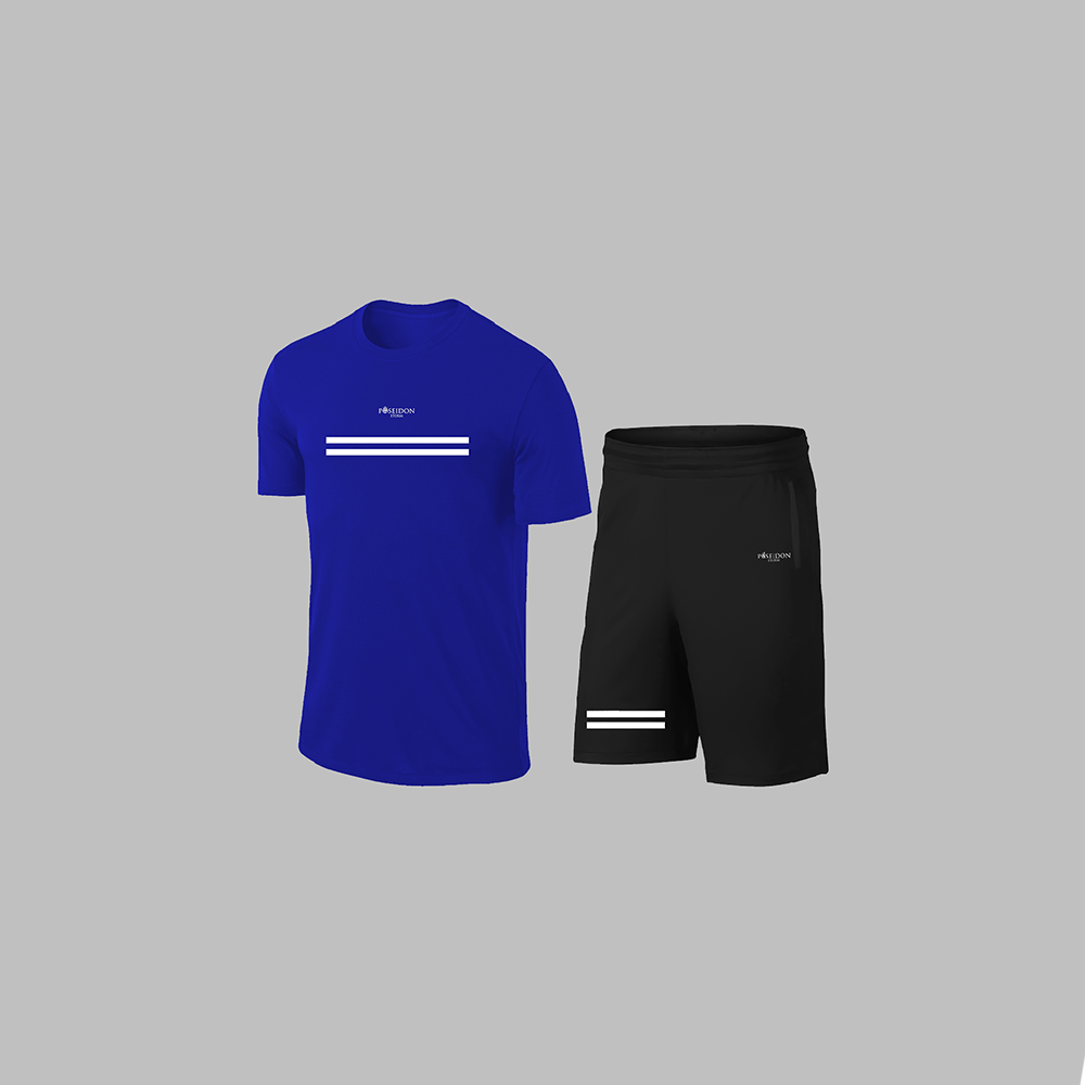Büyük Beden Erkek Mavi Dri-Fit Kumaş Antrenman ve Koşu için Konforlu Cepli Düz Tişört Şort Seti 4XL-10XL
