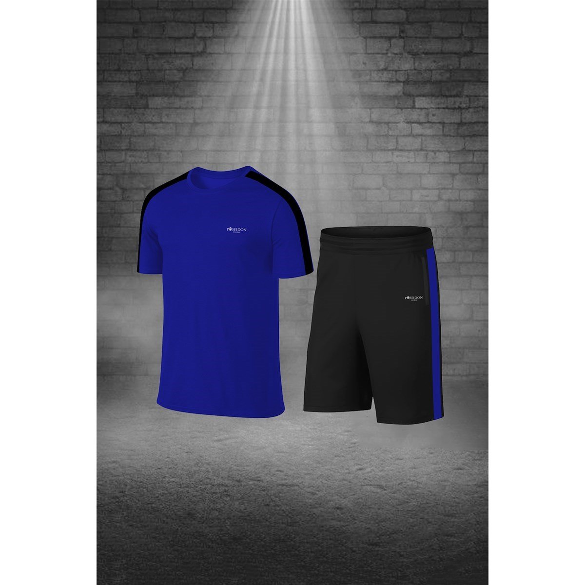 Büyük Beden Erkek Mavi Dri-Fit Kumaş Antrenman ve Koşu için Konforlu Cepli Kısa Kol Tişört Şort İkili Takım  4XL-10XL