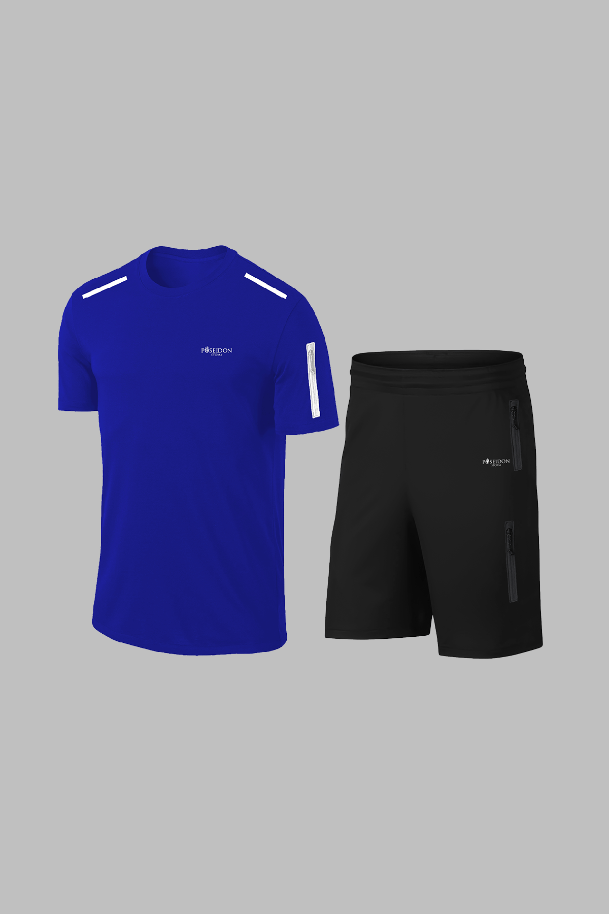 Büyük Beden Erkek Mavi Dri-Fit Kumaş Cepli Baskısız Bisiklet Yaka Sporcu Tişört Şort Alt Üst İkili Takım  (4XL-10XL)