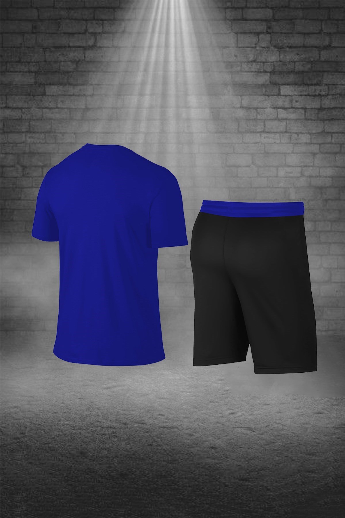 Büyük Beden Erkek Mavi Dri-Fit Kumaş Cepli Baskısız Bisiklet Yaka Sporcu Tişört Şort Alt Üst İkili Takım  4XL-10XL