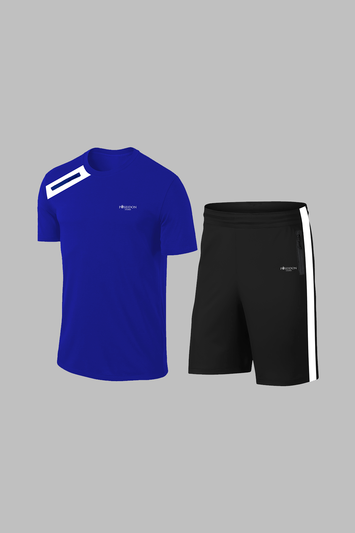 Büyük Beden Erkek Mavi Dri-Fit Kumaş Spor için Konforlu Cepli Kısa Kol Tişört Şort İkili Takım   (4XL-10XL)