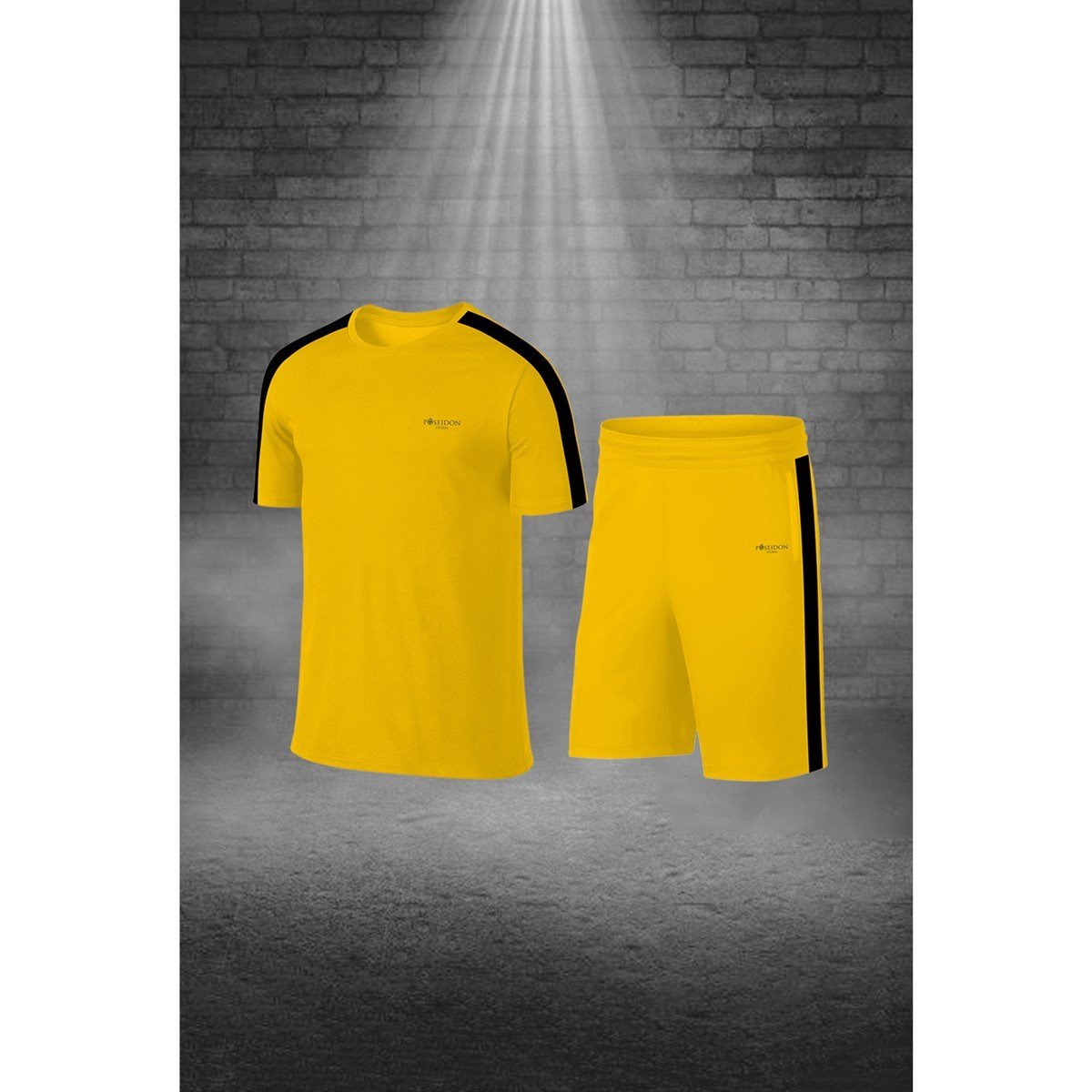 Büyük Beden Erkek Sarı Dri-Fit Kumaş Baskısız Konforlu Tişört Şort Alt Üst İkili Takım Seti  4XL-10XL