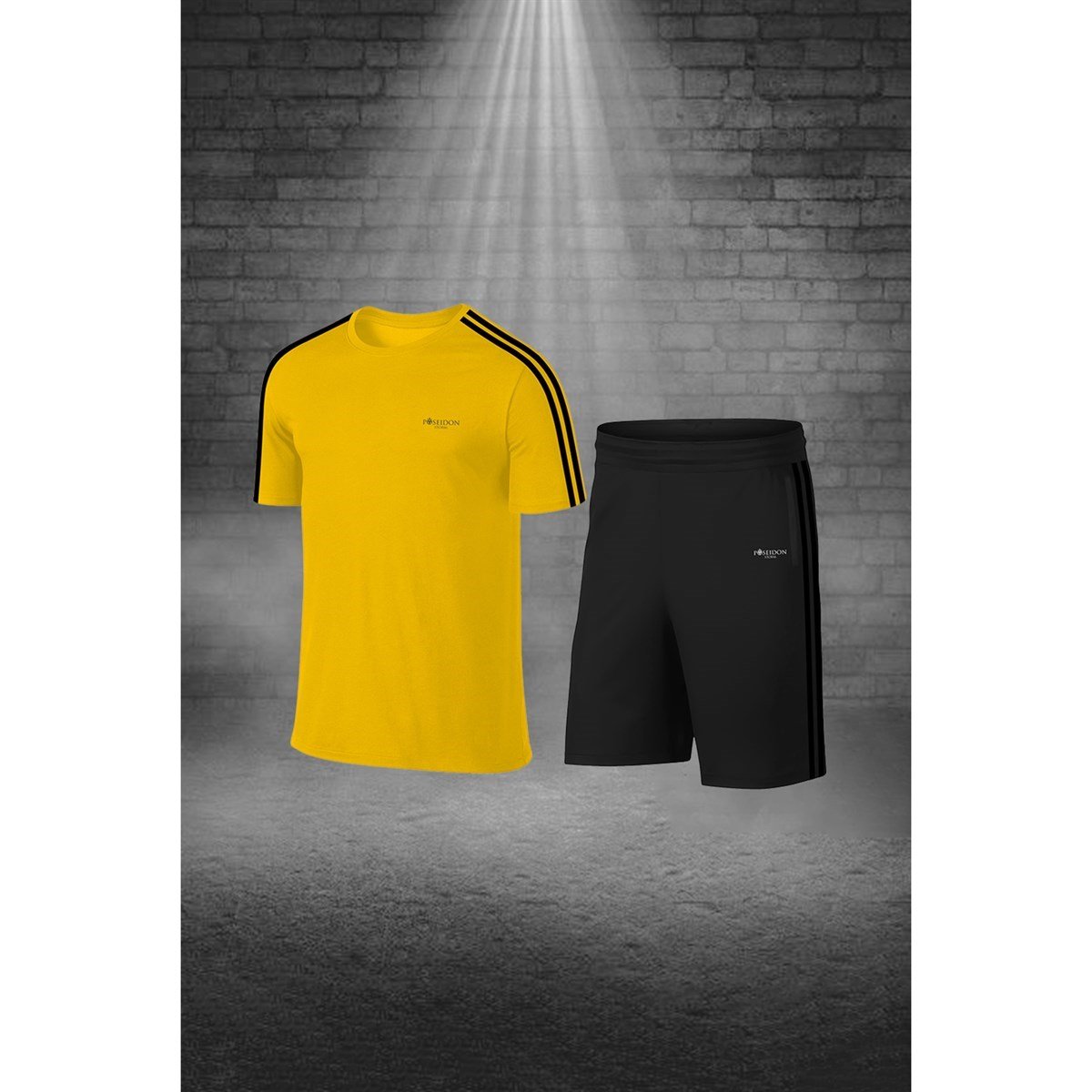 Büyük Beden Erkek Sarı Dri-Fit Kumaş Cepli Baskısız Konforlu Tişört Şort Alt Üst İkili Takım Seti  4XL-10XL