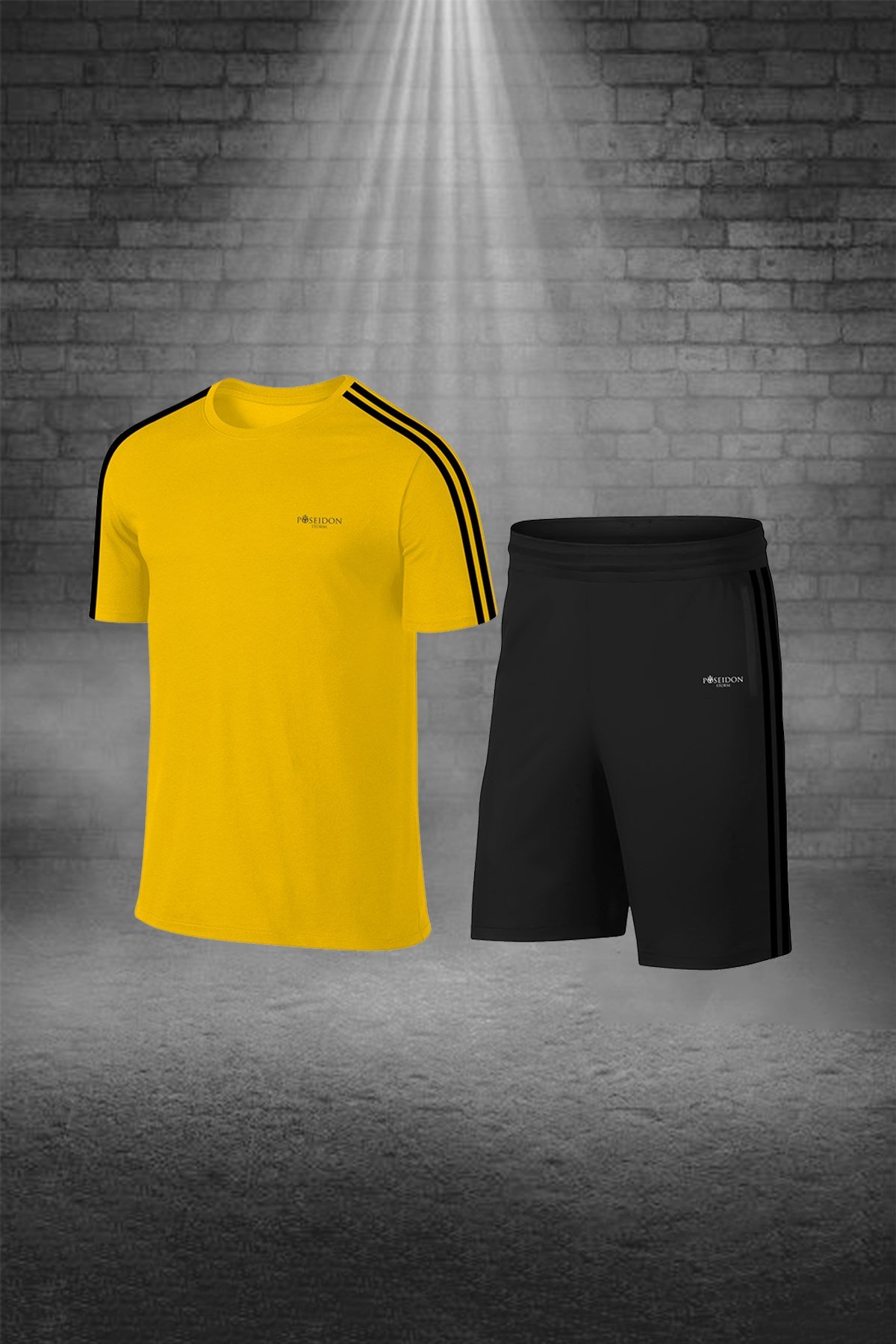 Büyük Beden Erkek Sarı Günlük Sporcu Tişört ve Şort Takımı 4XL-10XL siyah çift şerit - M3