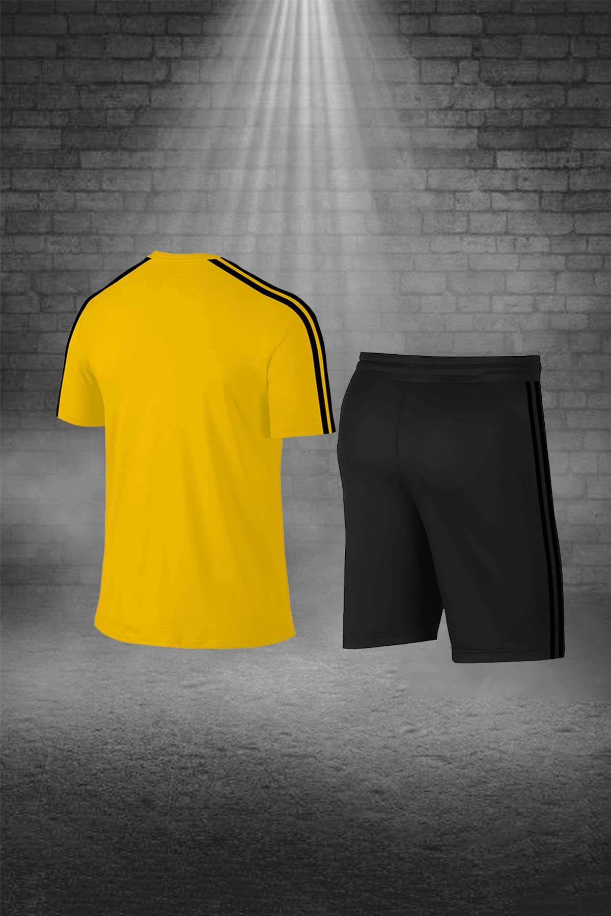 Büyük Beden Erkek Sarı Günlük Sporcu Tişört ve Şort Takımı 4XL-10XL siyah çift şerit - M3
