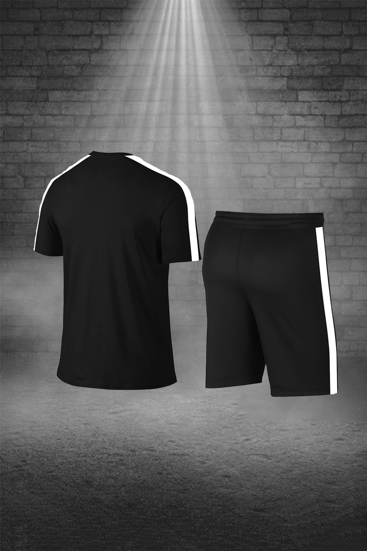 Büyük Beden Erkek Siyah Dri-Fit Kumaş Baskısız Yuvarlak Yaka Kısa Kol Tişört Şort Alt Üst Takımı  4XL-10XL