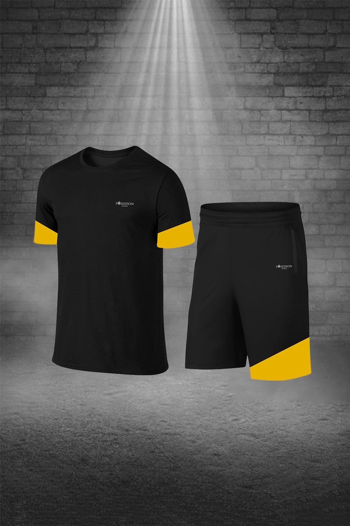Büyük Beden Erkek Siyah Günlük Sporcu Tişört ve Şort Takımı 4XL-10XL - sarı parçalı v - M5