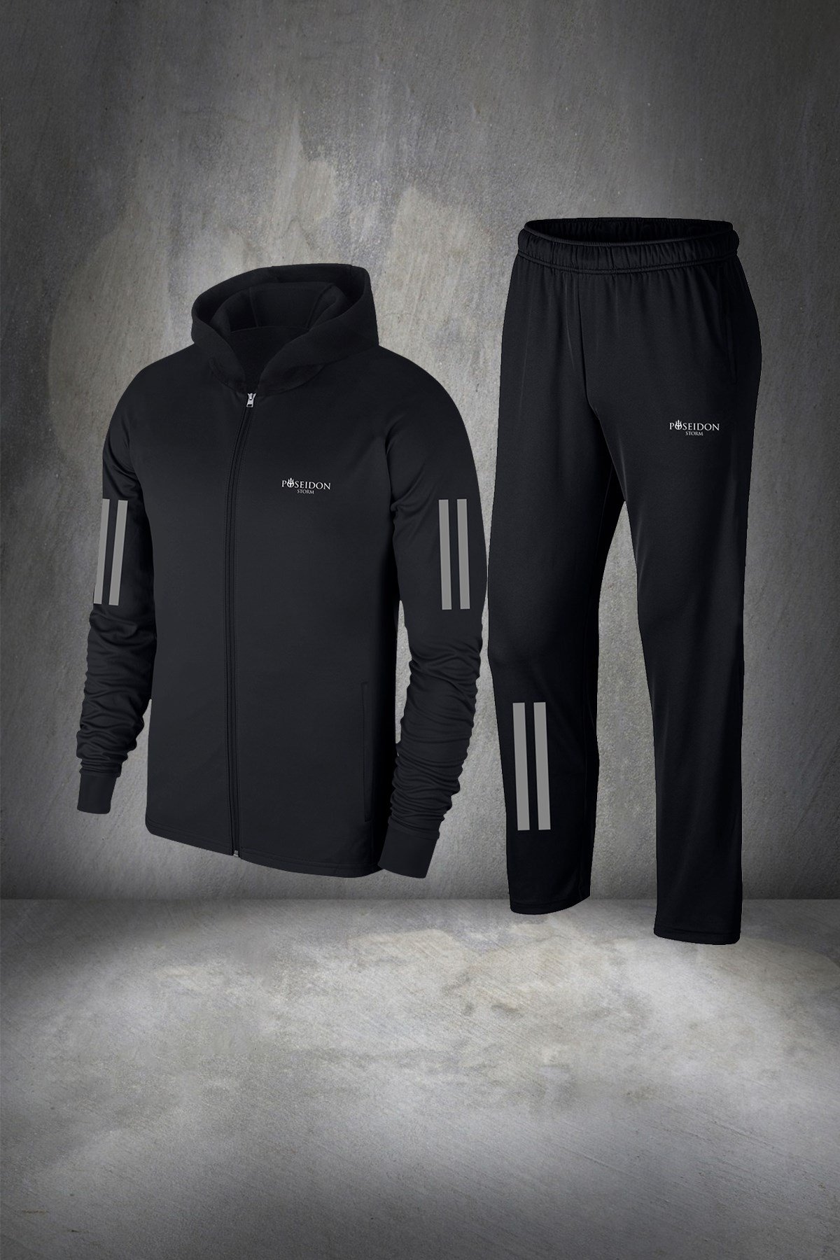 Büyük Beden Erkek Siyah İnterlok Kumaş Fermuarlı Kapüşonlu  Koşu için Eşofman Takımı  4XL-10XL