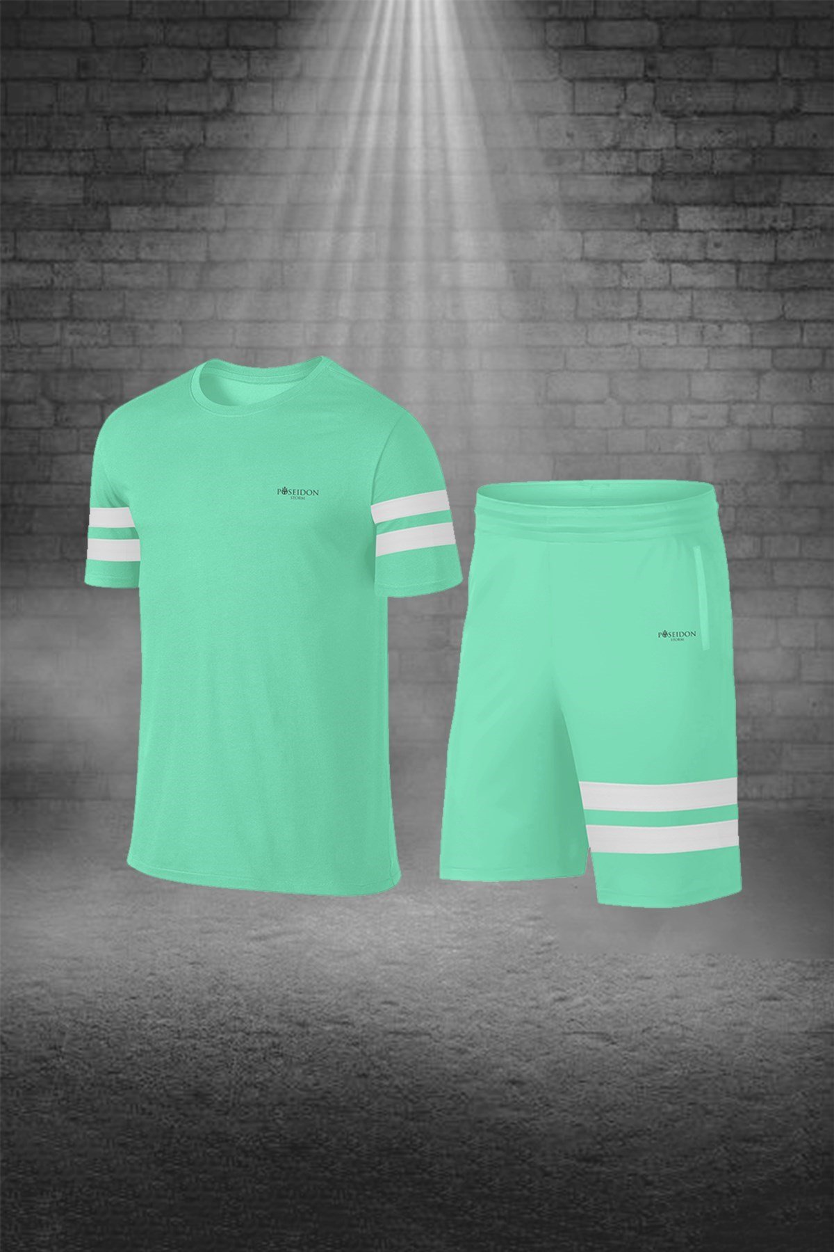 Büyük Beden Erkek Su Yeşili Dri-Fit Kumaş Baskısız Yuvarlak Yaka Kısa Kol Tişört Şort Alt Üst Takım   4XL-10XL