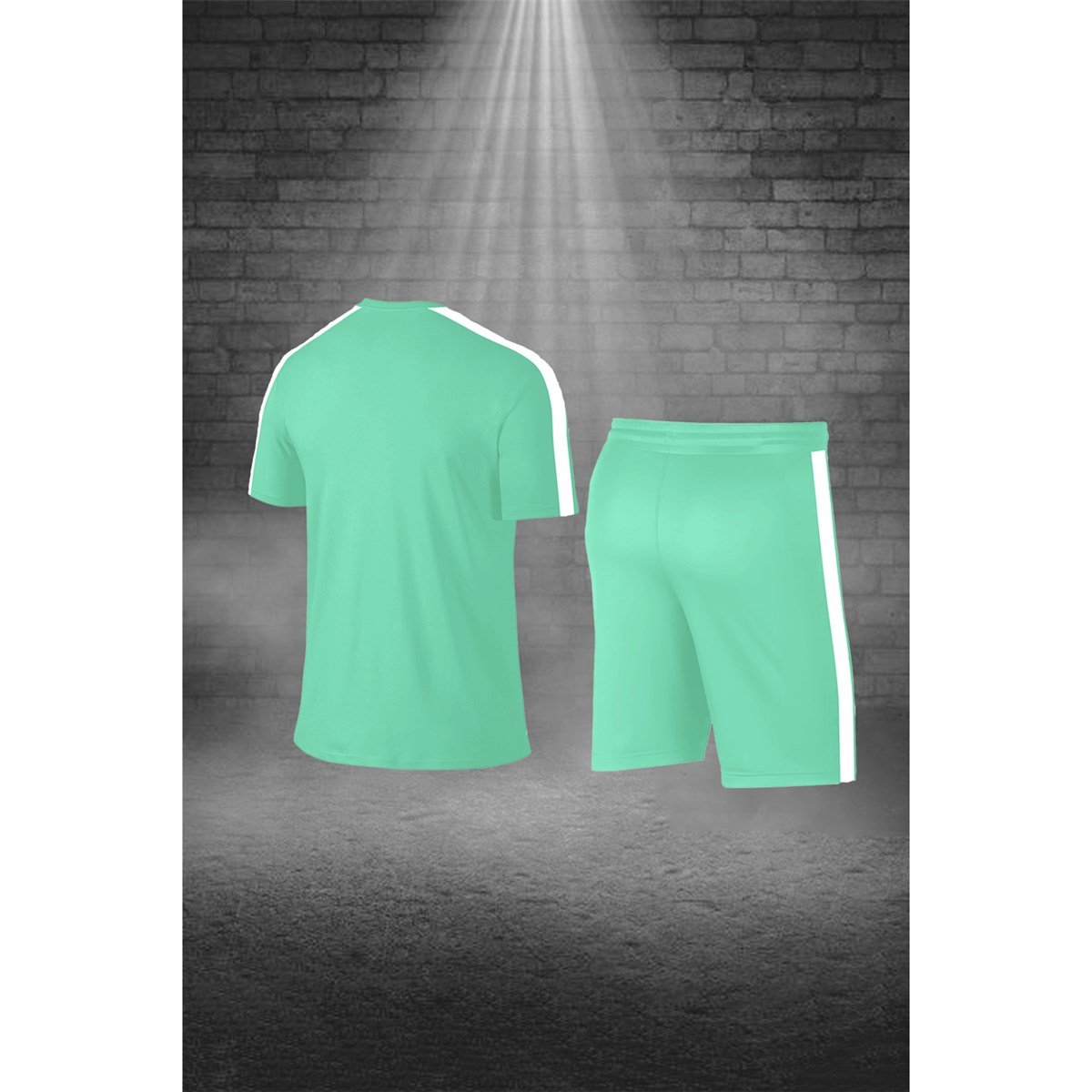 Büyük Beden Erkek Su Yeşili Dri-Fit Kumaş Baskısız Yuvarlak Yaka Kısa Kol Tişört Şort Alt Üst Spor Takım  4XL-10XL