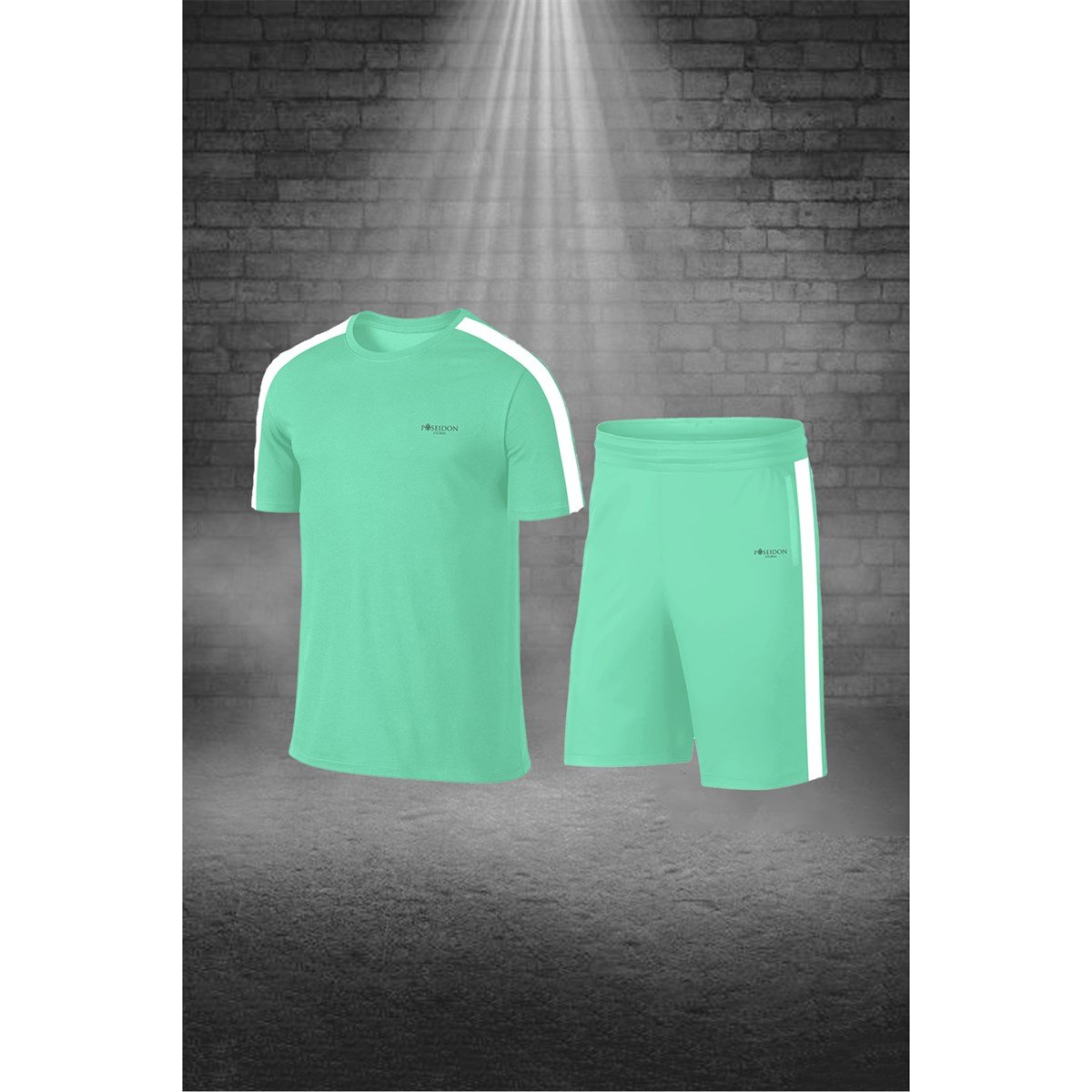 Büyük Beden Erkek Su Yeşili Dri-Fit Kumaş Baskısız Yuvarlak Yaka Kısa Kol Tişört Şort Alt Üst Spor Takım  4XL-10XL