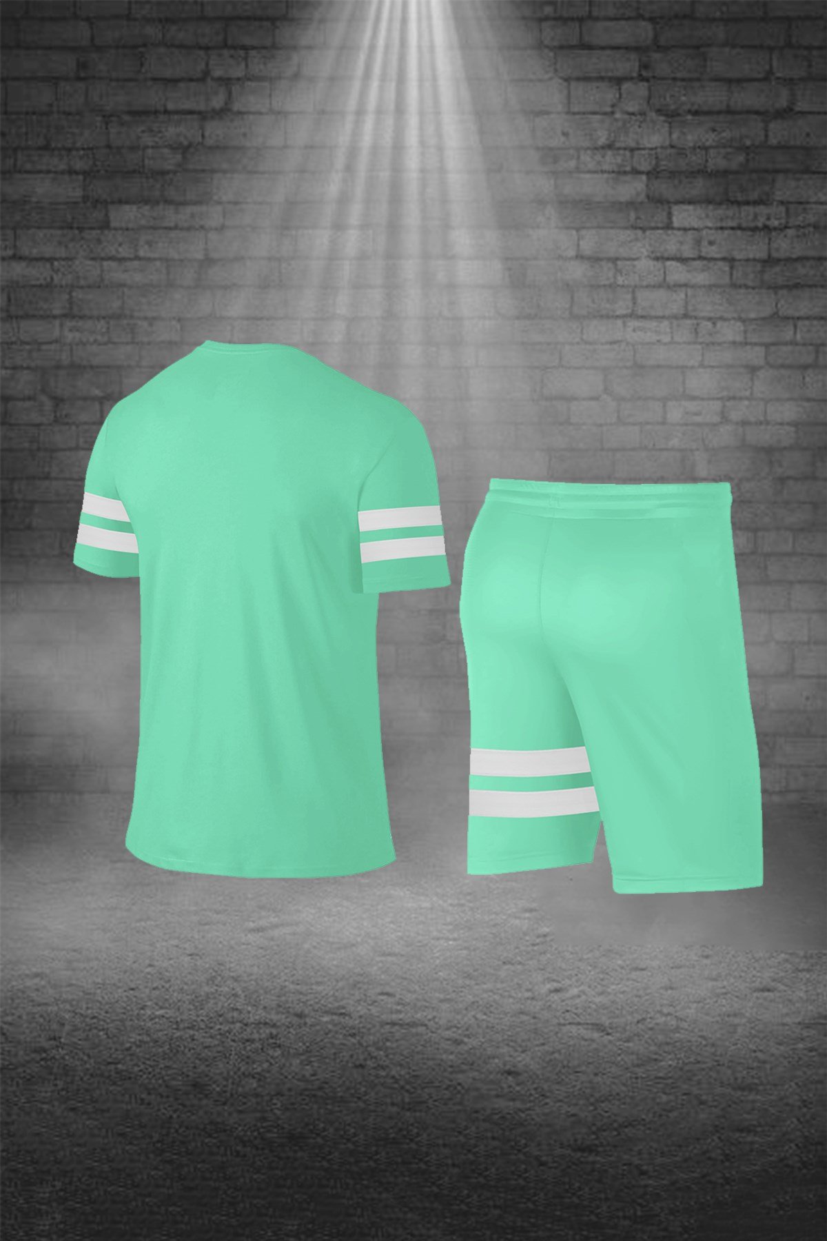 Büyük Beden Erkek Su Yeşili Dri-Fit Kumaş Baskısız Yuvarlak Yaka Kısa Kol Tişört Şort Alt Üst Takım   4XL-10XL