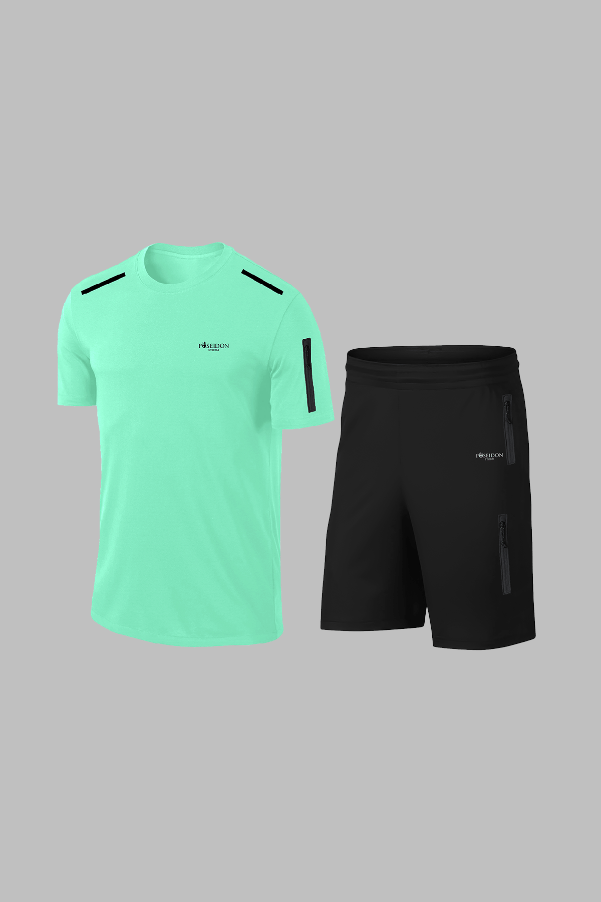 Büyük Beden Erkek Su Yeşili  Dri-Fit Kumaş Cepli Bisiklet Yaka Sporcu Günlük Tişört Şort İkili Takım  (4XL-10XL)