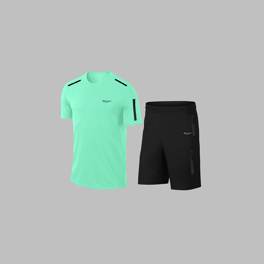 Büyük Beden Erkek Su Yeşili Dri-Fit Kumaş Baskısız Yuvarlak Yaka Kısa Kol Tişört Şort Alt Üst Spor Takım  4XL-10XL