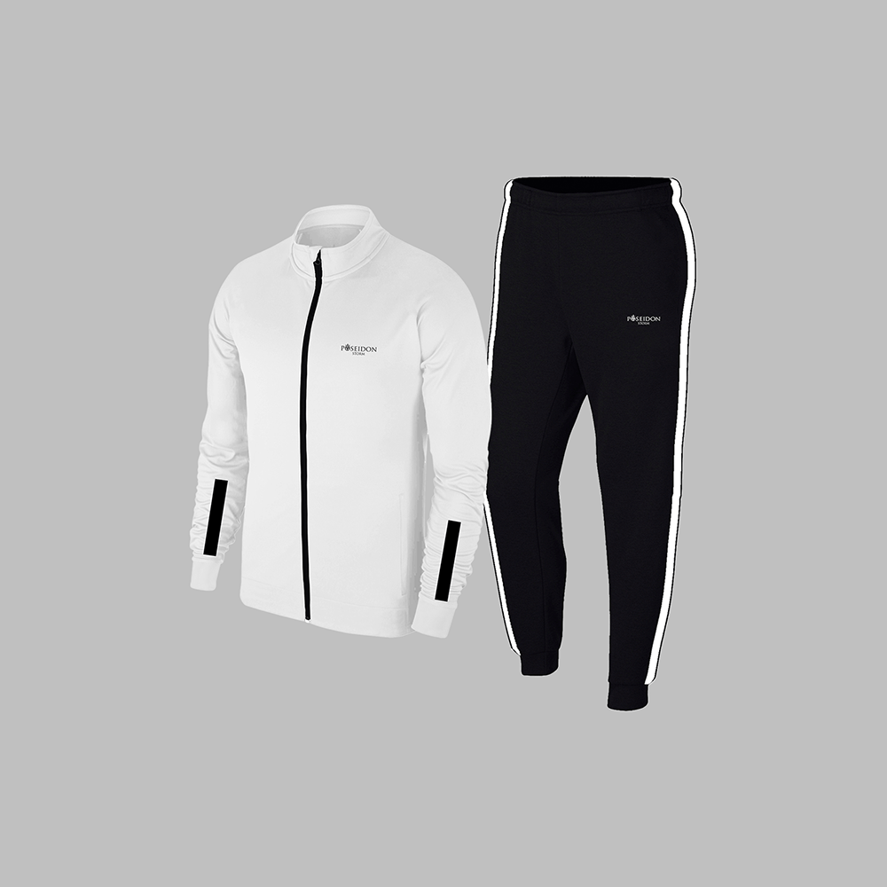 Erkek  Beyaz  Supra Penye Kumaş Şeritli Rahat Kapüşonlu Eşofman Takımı (S-3XL)