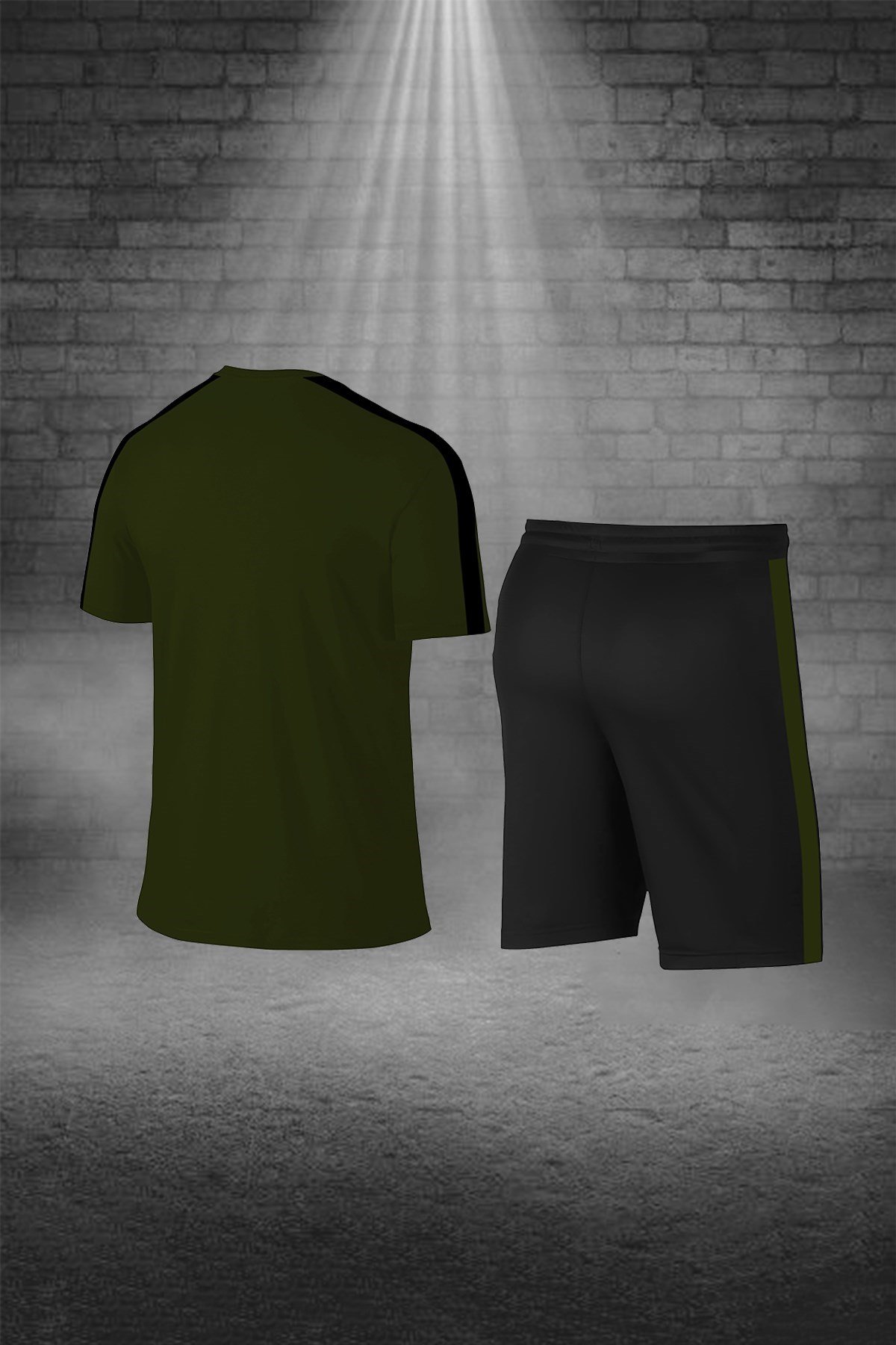 Erkek Haki Dri-Fit Kumaş Yürüyüş ve Koşu için Konforlu Cepli Sıfır Yaka Tişört Şort İkili Alt Üst Seti S-3XL