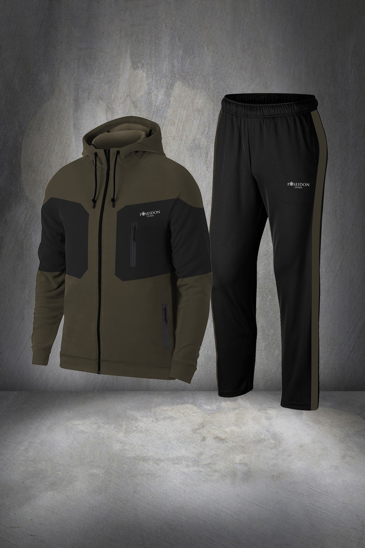 Erkek Haki Günlük Sporcu Eşofman Takımı S-3XL - önü ve kolları parçalı - M14
