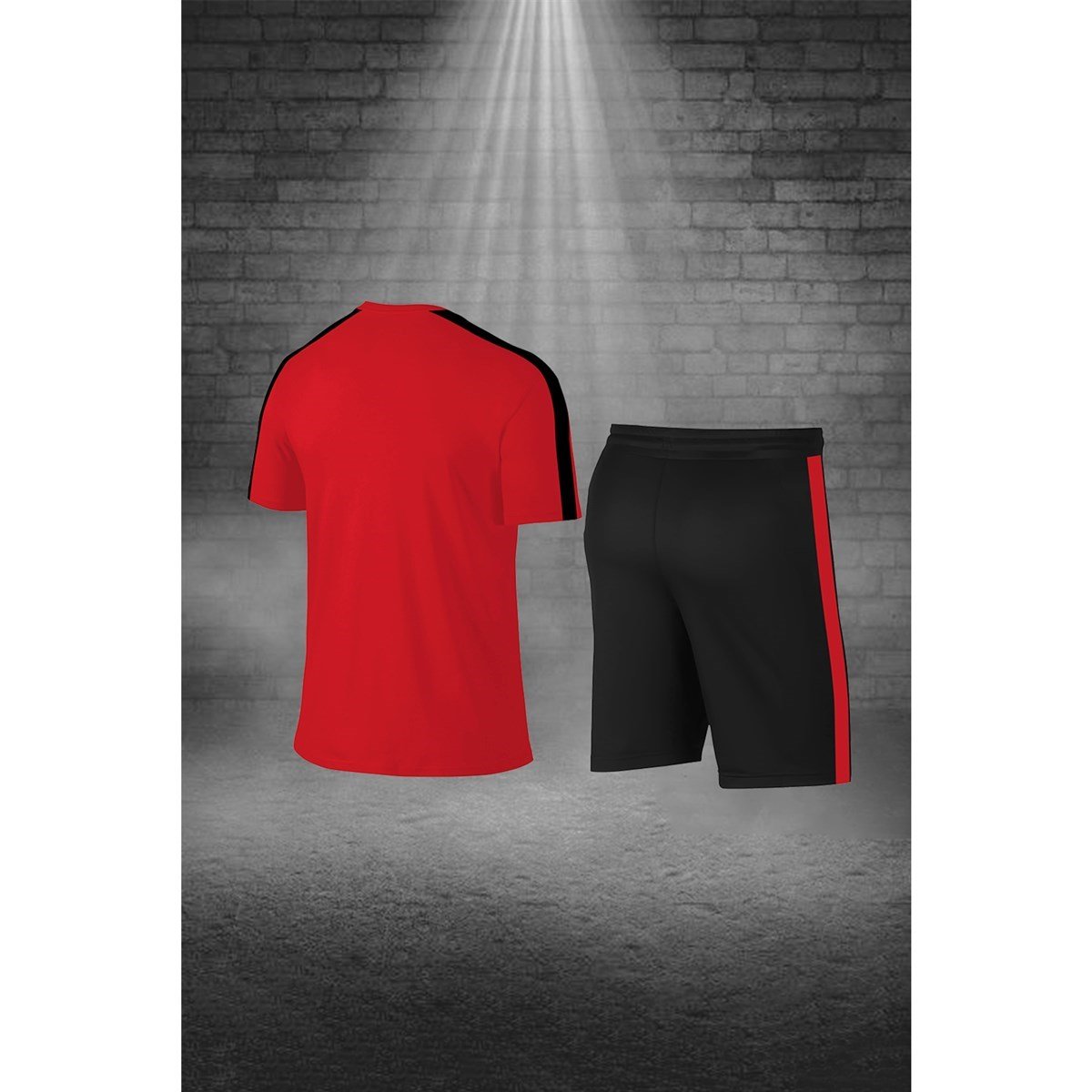 Erkek Kırmızı Dri-Fit Kumaş Baskısız Bisiklet Yaka Kısa Kol Konforlu Alt Üst Takım Şort Tişört Seti S-3XL