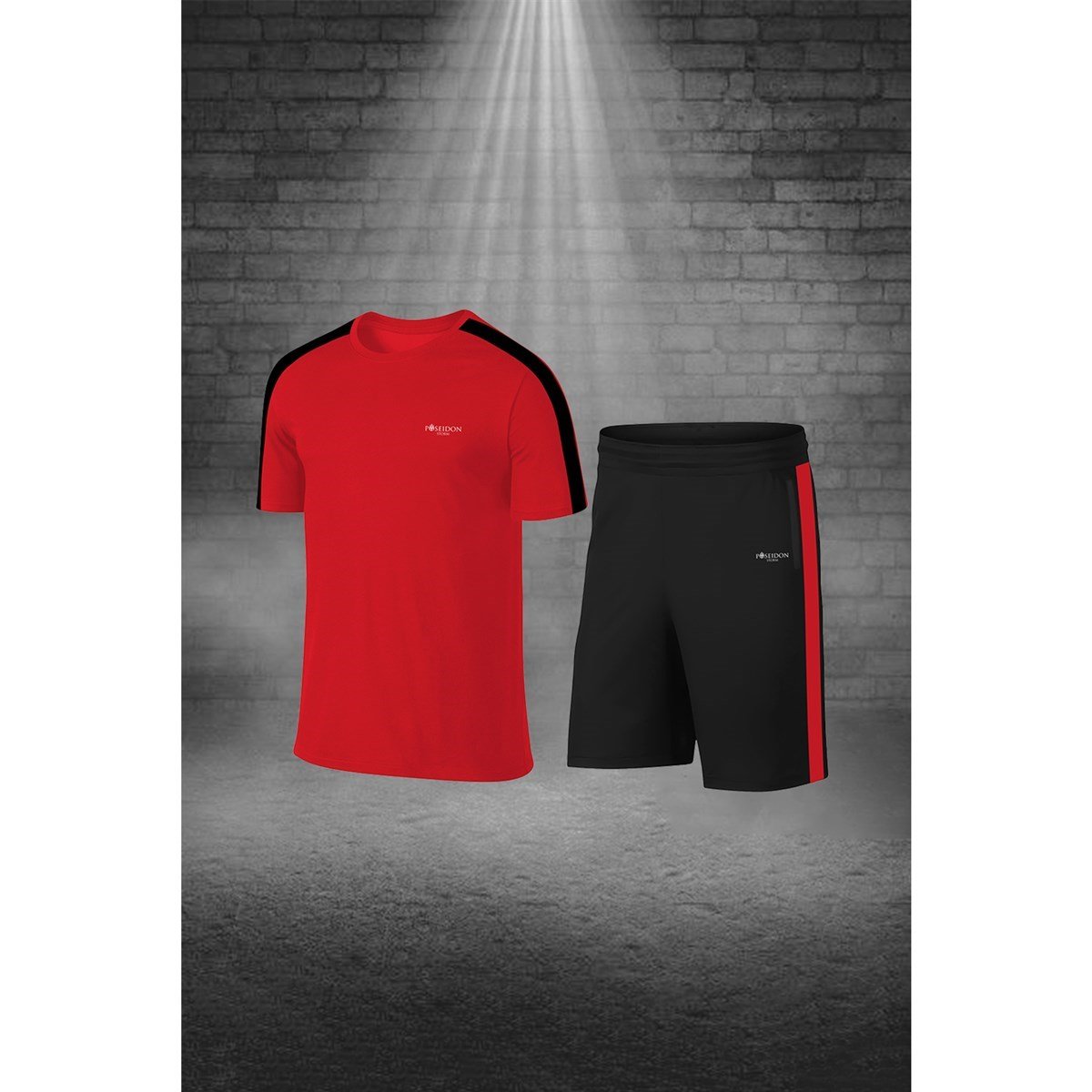 Erkek Kırmızı Dri-Fit Kumaş Baskısız Bisiklet Yaka Kısa Kol Konforlu Alt Üst Takım Şort Tişört Seti S-3XL