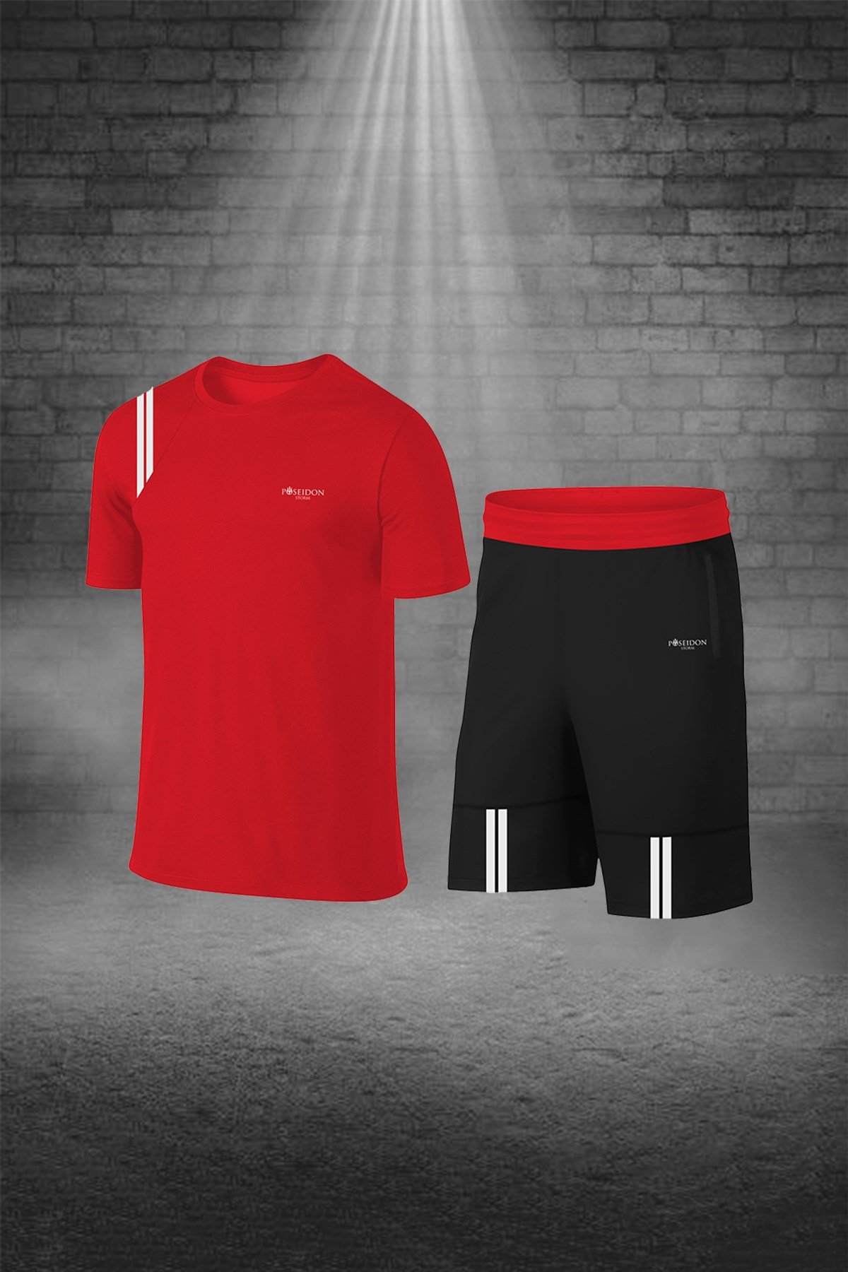 Erkek Kırmızı Dri-Fit Kumaş Spor için Konforlu Cepli Bisiklet Yaka Tişört Şort Alt Üst Takım S-3XL
