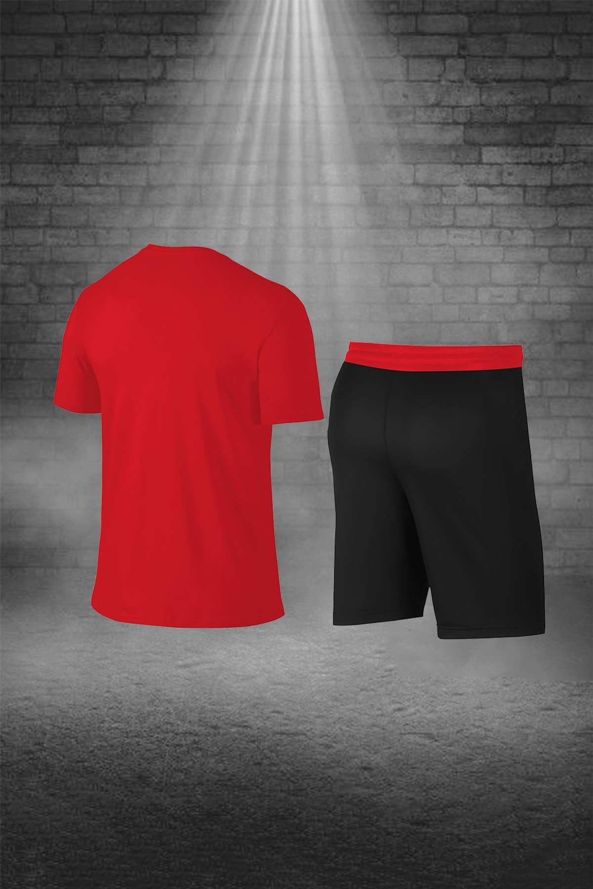 Erkek Kırmızı Dri-Fit Kumaş Spor için Konforlu Cepli Bisiklet Yaka Tişört Şort Alt Üst Takım S-3XL