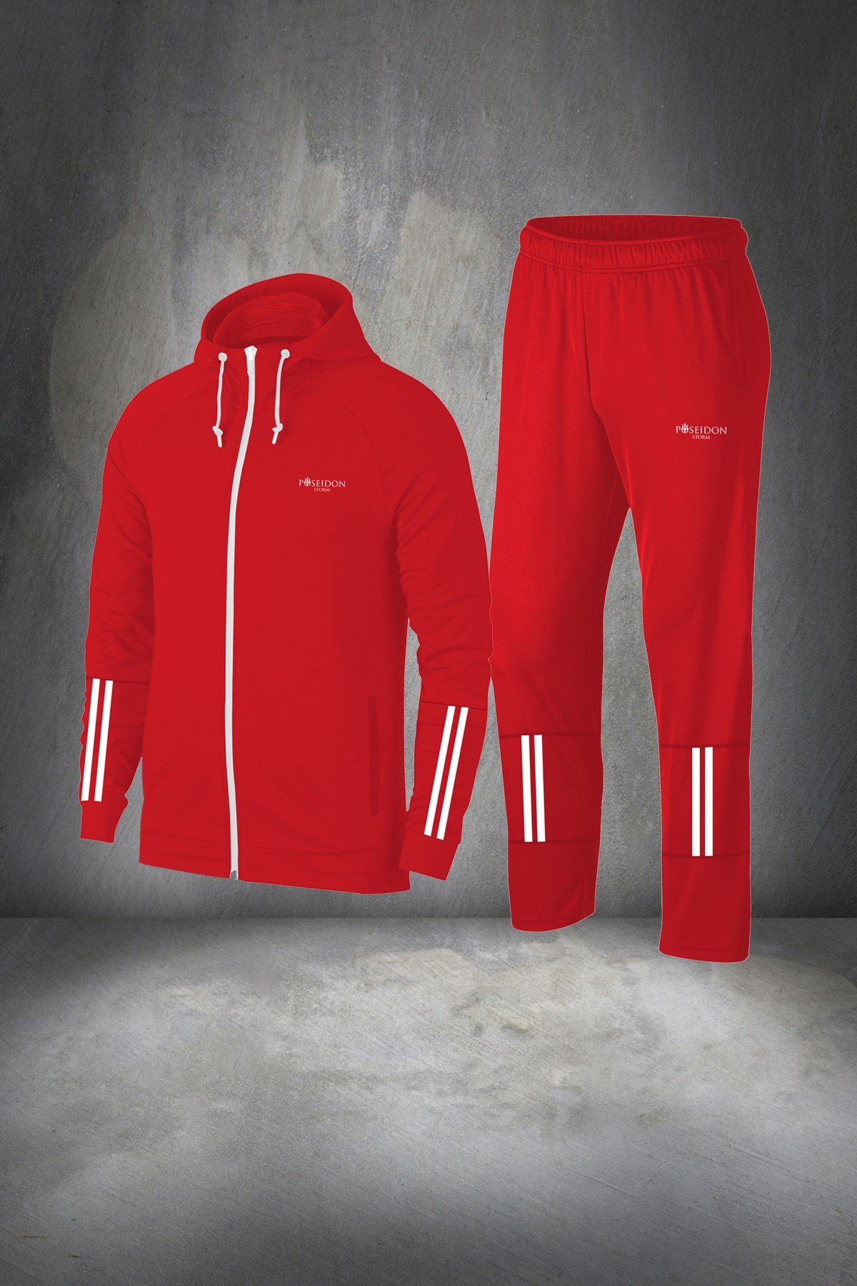 Erkek Kırmızı Günlük Sporcu Eşofman Takımı S-3XL - kolları yarım çift şerit - M16