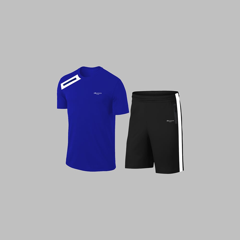 Erkek Mavi Dri-Fit Kumaş Antrenman ve Koşu için Konforlu Cepli Düz Tişört Şort Seti S-3XL