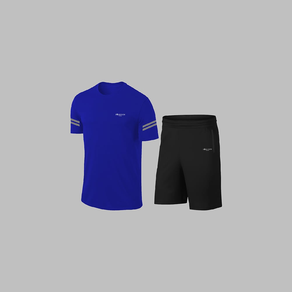 Erkek Mavi Dri-Fit Kumaş Baskısız Yuvarlak Yaka Kısa Kol Tişört Şort Alt Üst Spor Takım S-3XL