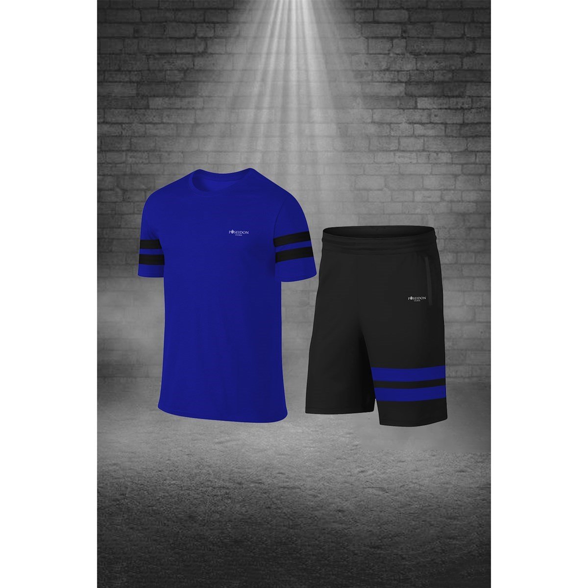 Erkek Mavi Dri-Fit Kumaş Yürüyüş ve Koşu için Konforlu Cepli Kısa Kol Tişört Şort İkili Takım S-3XL