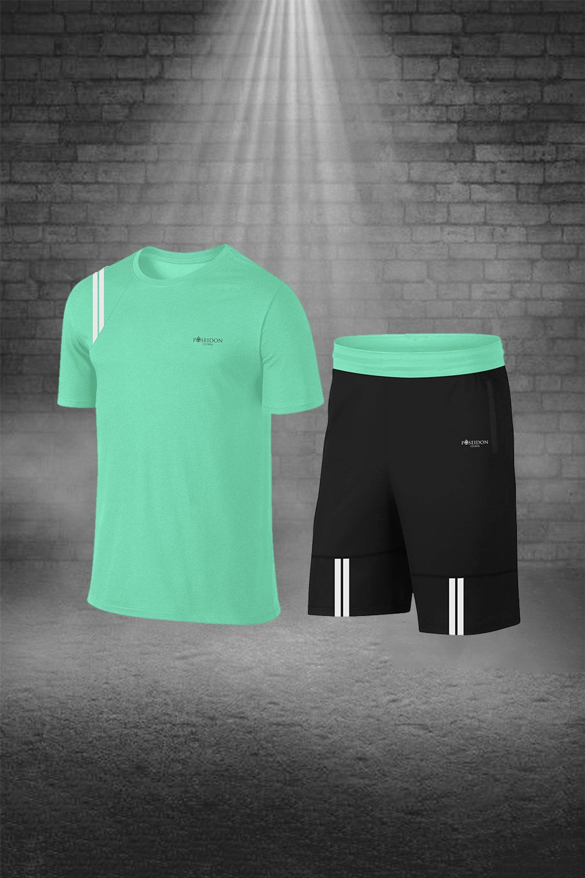 Erkek Mint Yeşili Günlük Sporcu Tişört ve Şort Takımı S-3XL - omuzdan parçalı şeritli - M6