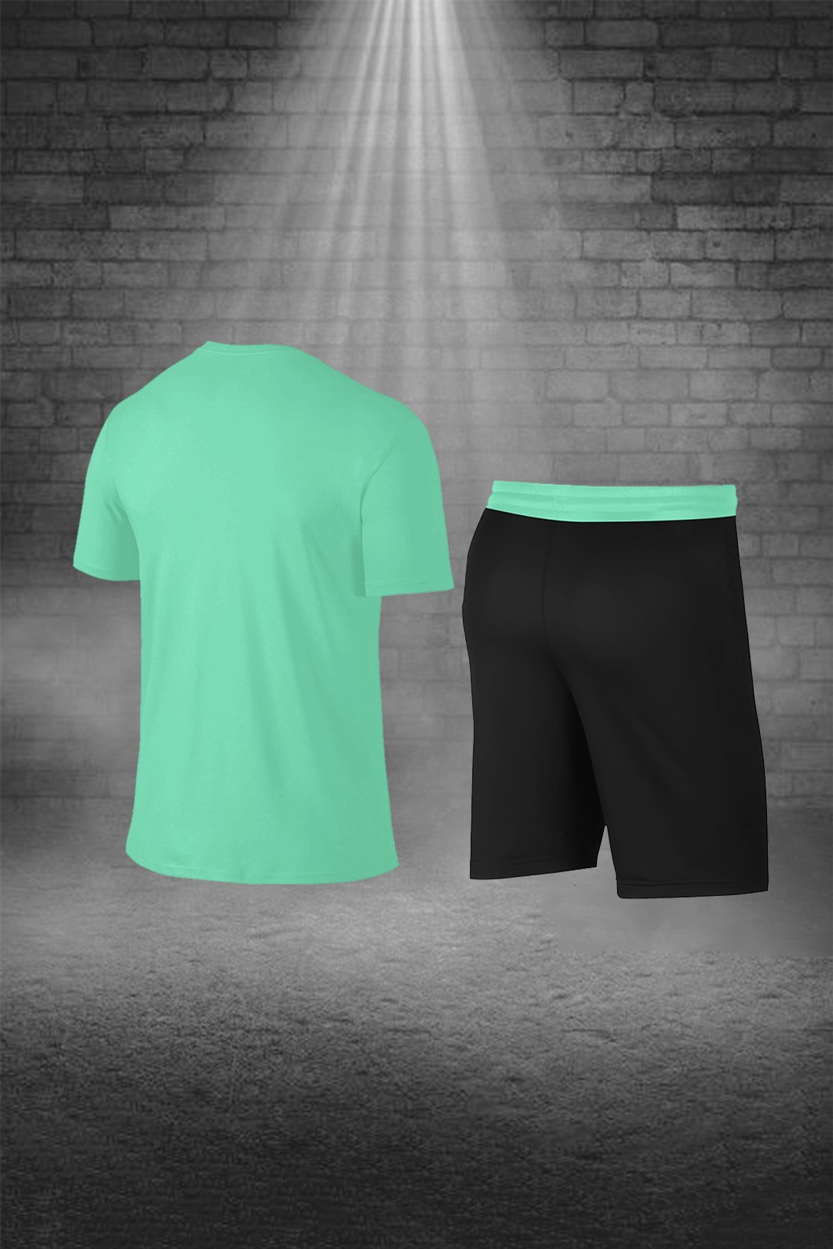 Erkek Mint Yeşili Günlük Sporcu Tişört ve Şort Takımı S-3XL - omuzdan parçalı şeritli - M6