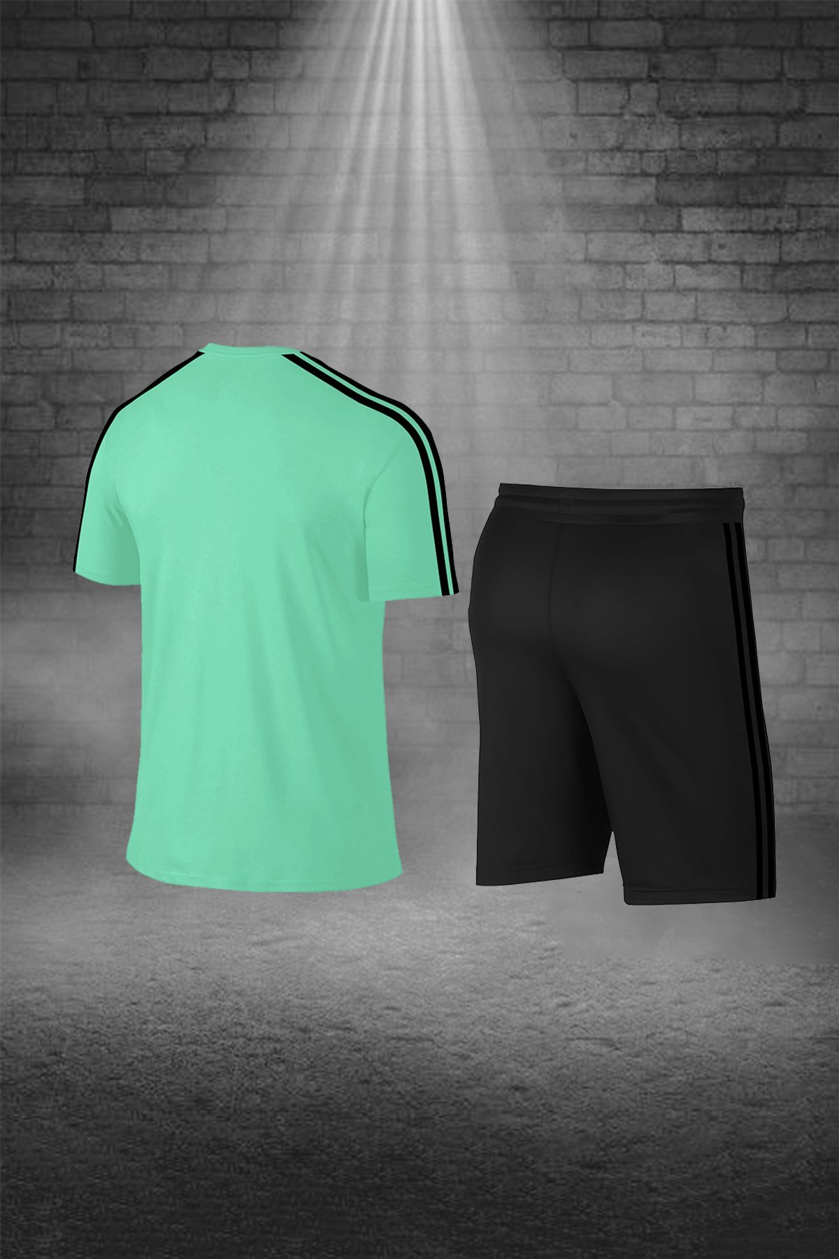 Erkek Mint Yeşili Sporcu Tişört ve Şort Takımı S-3XL - siyah tek bant şerit - M2