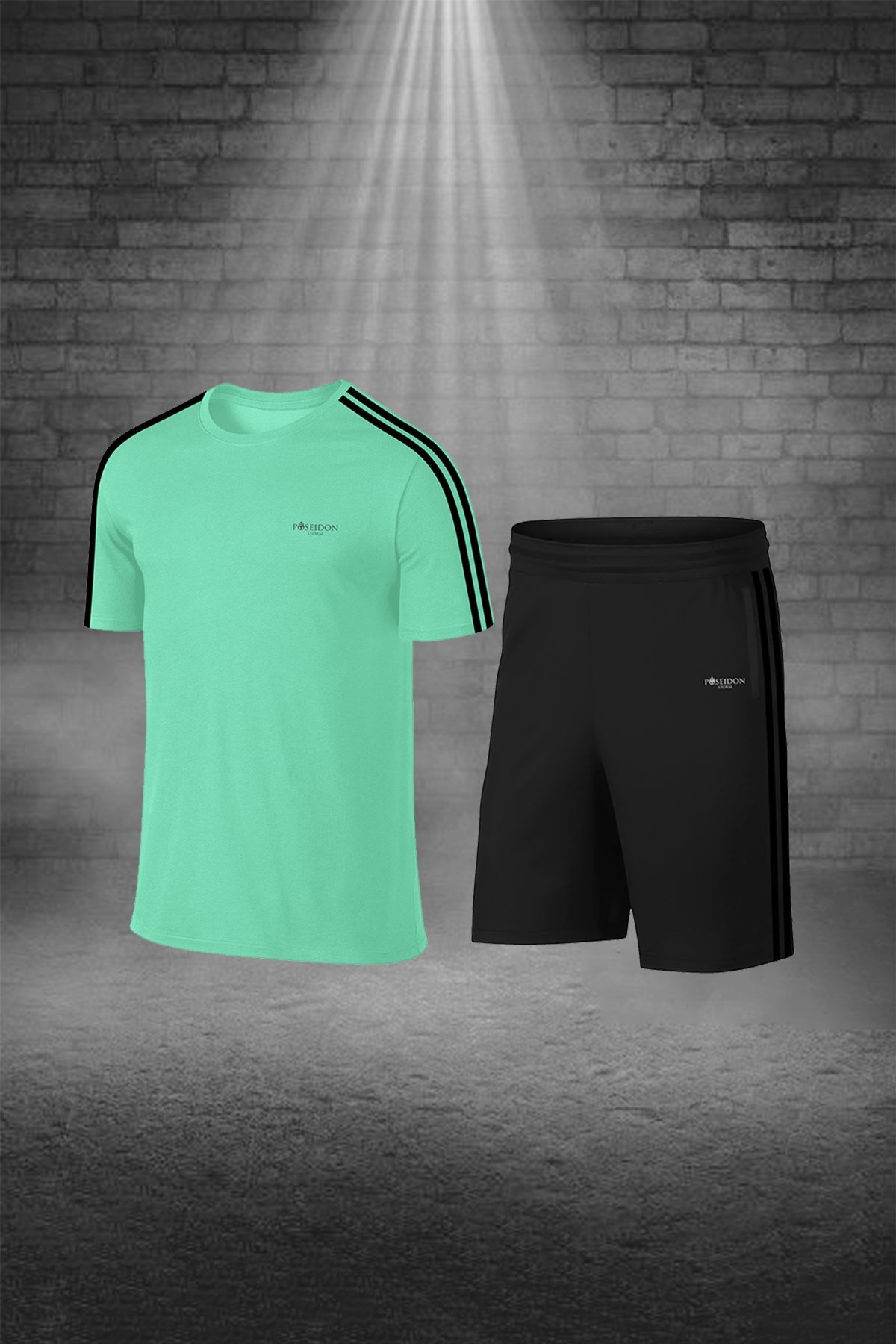 Erkek Mint Yeşili Sporcu Tişört ve Şort Takımı S-3XL - siyah tek bant şerit - M2