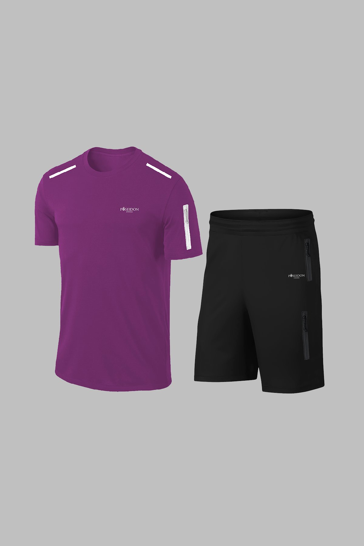 Erkek Mor Dri-Fit Kumaş Antrenman ve Koşu için Konforlu Cepli Düz Tişört Şort Seti (S-3XL)