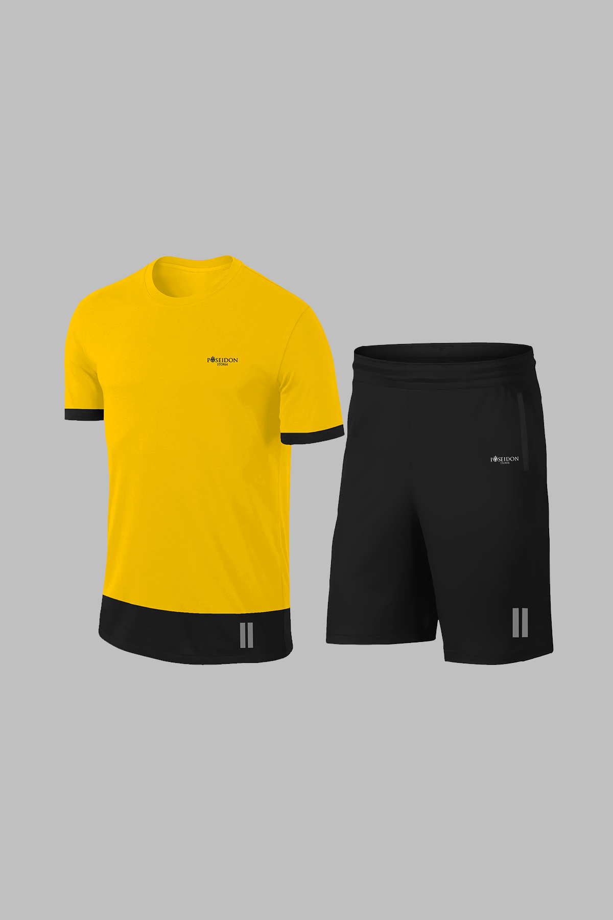 Erkek Sarı Dri-Fit Kumaş Baskısız Cepli Yuvarlak Yaka Kısa Kol Günlük Şık Tişört Şort Alt Üst İkili Set (S-3XL)