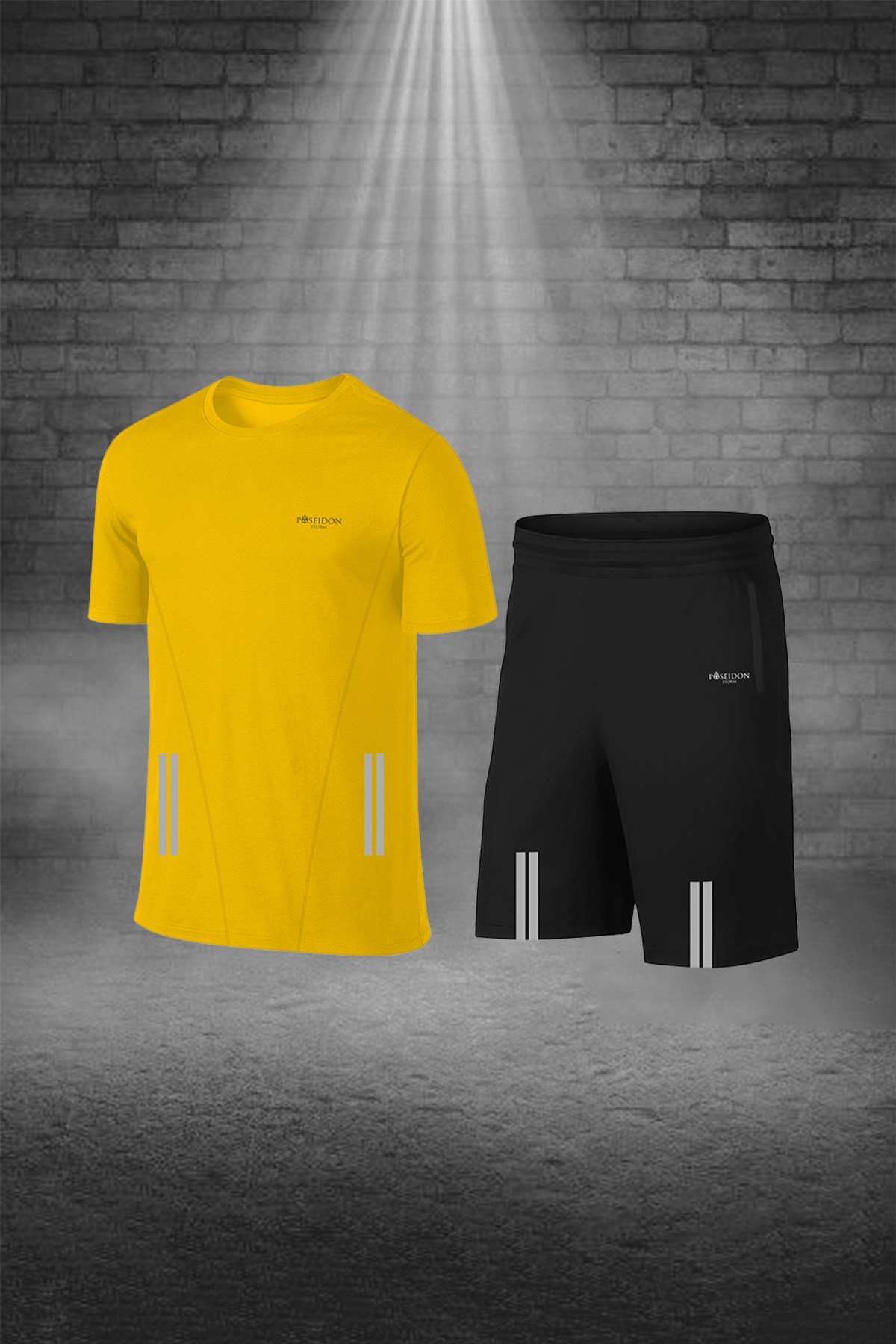 Erkek Sarı Dri-Fit Kumaş Baskısız Cepli Yuvarlak Yaka Kısa Kol Günlük Şık Tişört Şort Alt Üst İkili Set S-3XL 