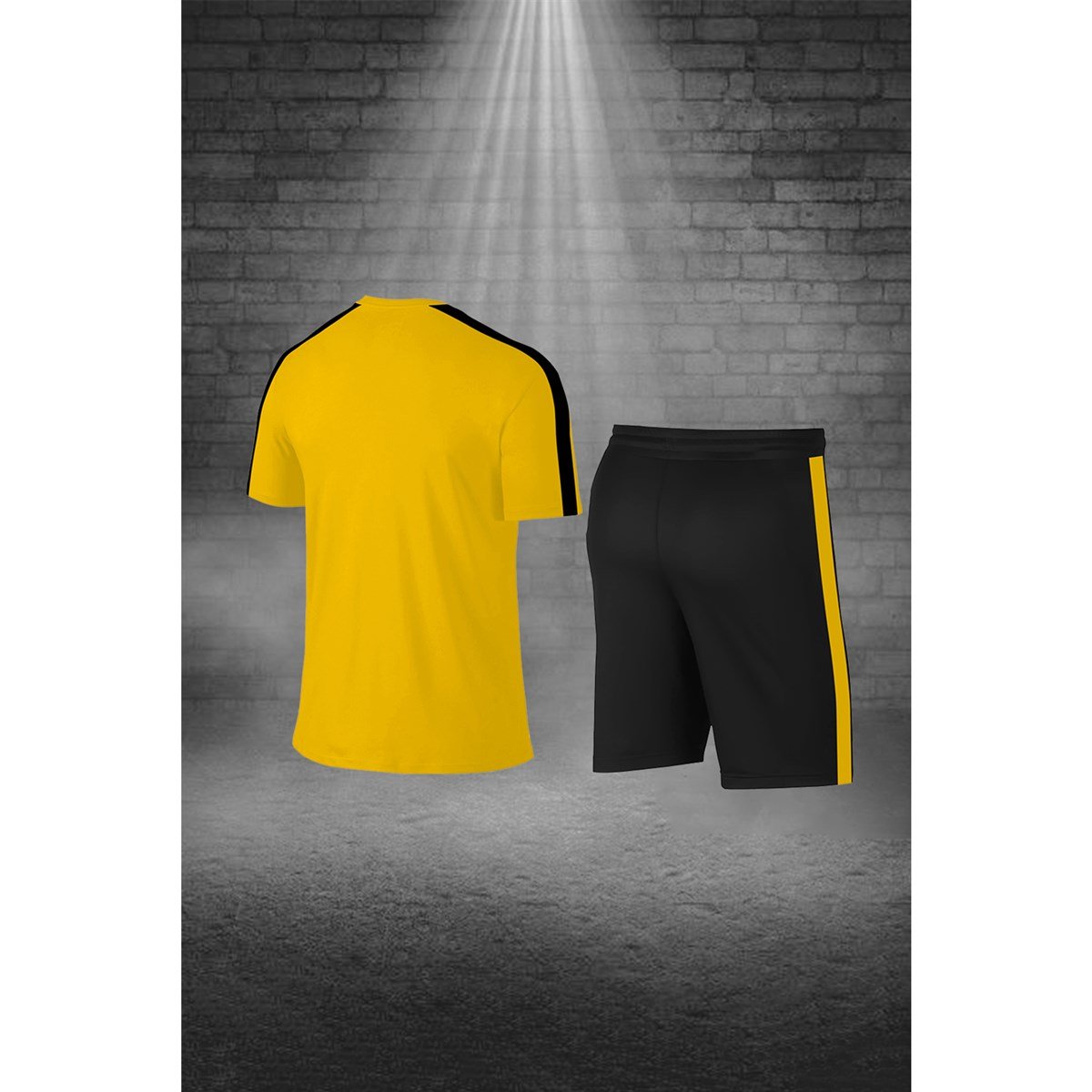 Erkek Sarı Dri-Fit Kumaş Düz Kısa Kol Konforlu Tişört Şort Alt Üst İkili Takım Seti S-3XL