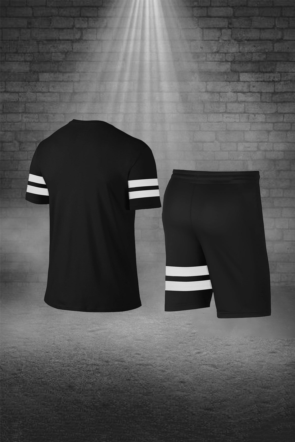 Erkek Siyah Dri-Fit Kumaş Yürüyüş için Konforlu Cepli Sıfır Yaka Tişört Şort İkili Alt Üst Spor Seti S-3XL