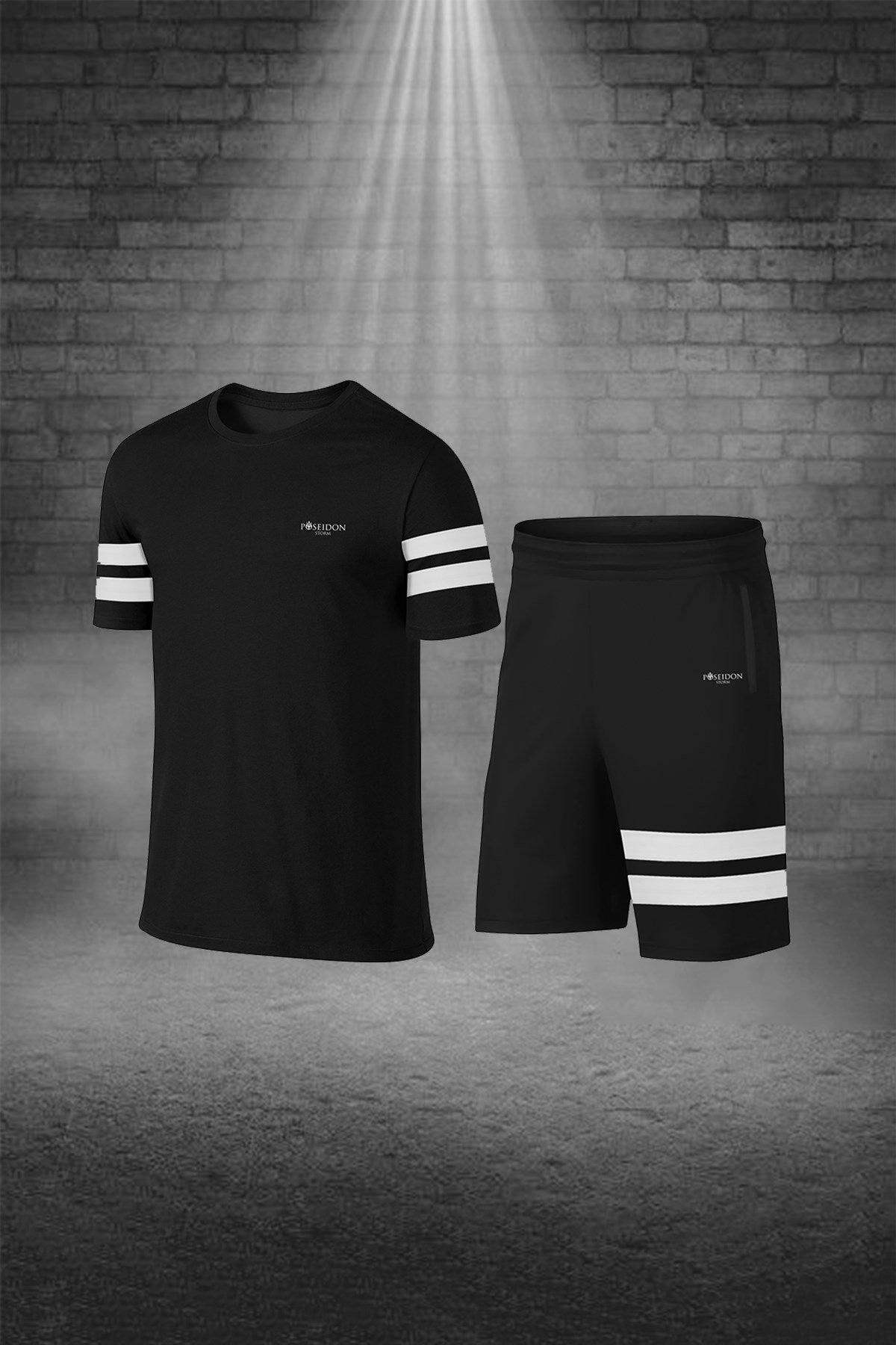 Erkek Siyah Dri-Fit Kumaş Yürüyüş için Konforlu Cepli Sıfır Yaka Tişört Şort İkili Alt Üst Spor Seti S-3XL
