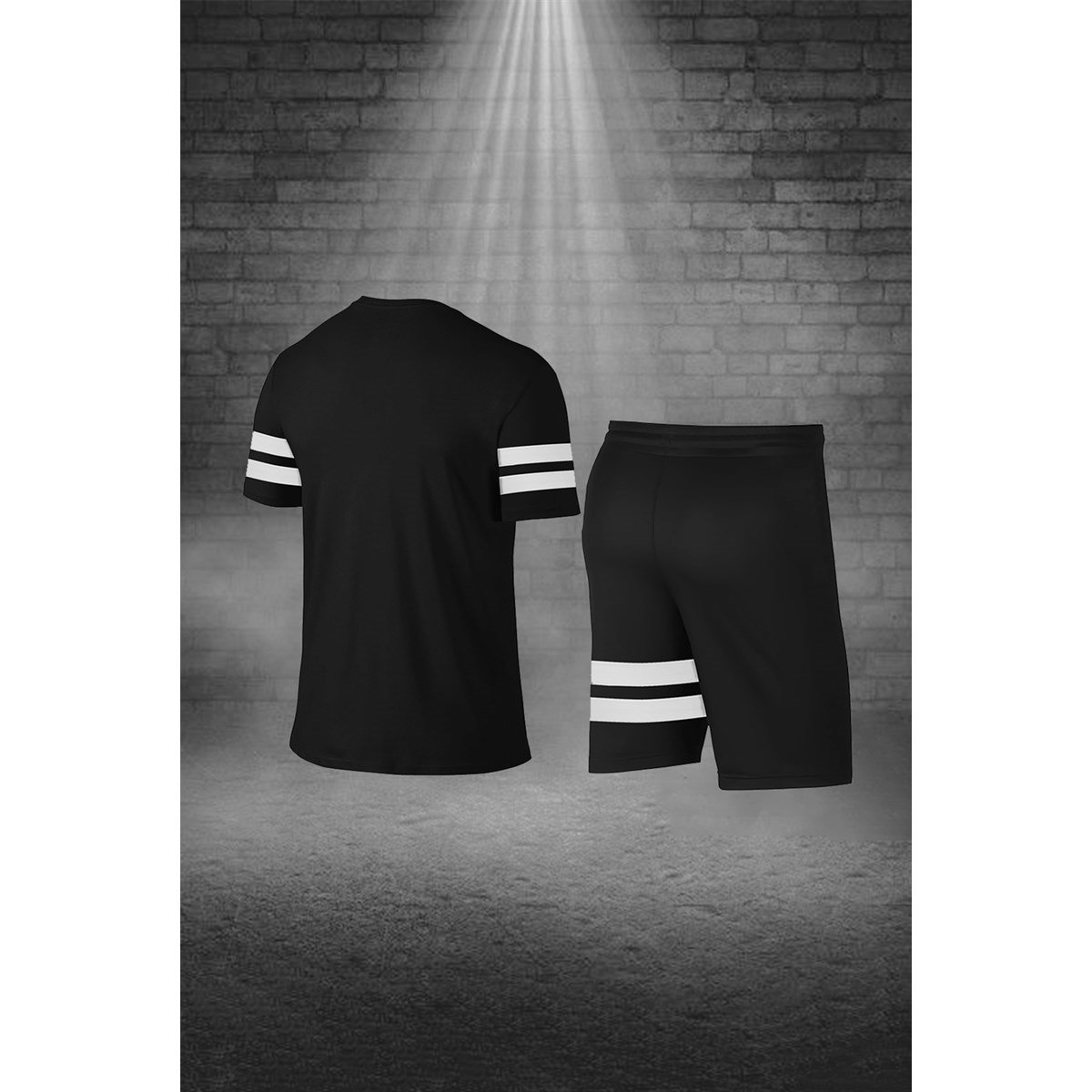 Erkek Siyah Dri-Fit Kumaş Yürüyüş için Konforlu Cepli Sıfır Yaka Tişört Şort İkili Alt Üst Spor Seti S-3XL