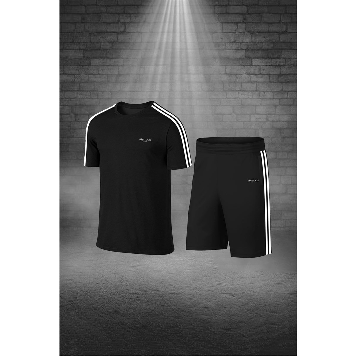 Erkek Siyah Dri-Fit Kumaş Yuvarlak Yaka Cepli Şık Konforlu Tişört Şort Seti S-3XL 