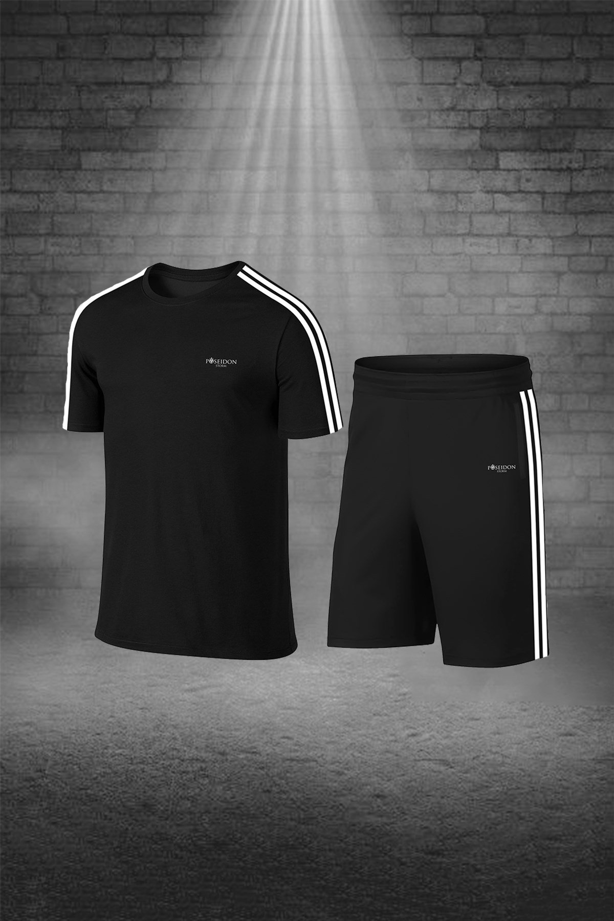 Erkek Siyah Dri-Fit Kumaş Yuvarlak Yaka Cepli Şık Konforlu Tişört Şort Seti S-3XL 