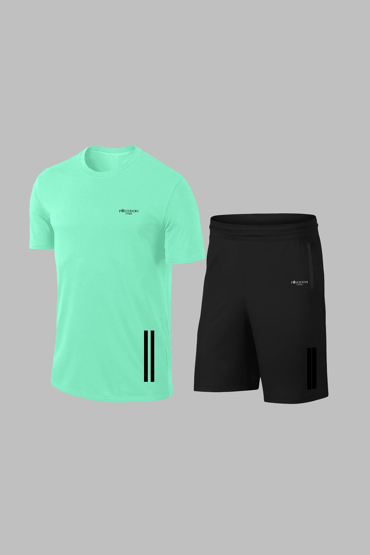 Erkek Su Yeşili Dri-Fit Kumaş Cepli Düz Kısa Kol Konforlu Tişört Şort Alt Üst İkili Takım Seti (S-3XL)