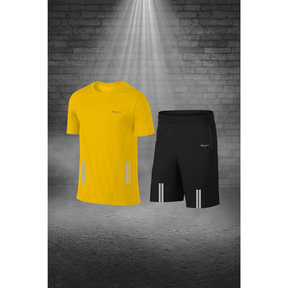 Oversize Erkek Sarı Dri-Fit Kumaş Baskısız Cepli Yuvarlak Yaka Kısa Kol Günlük Şık Tişört Şort Alt Üst İkili Set  4XL-10XL