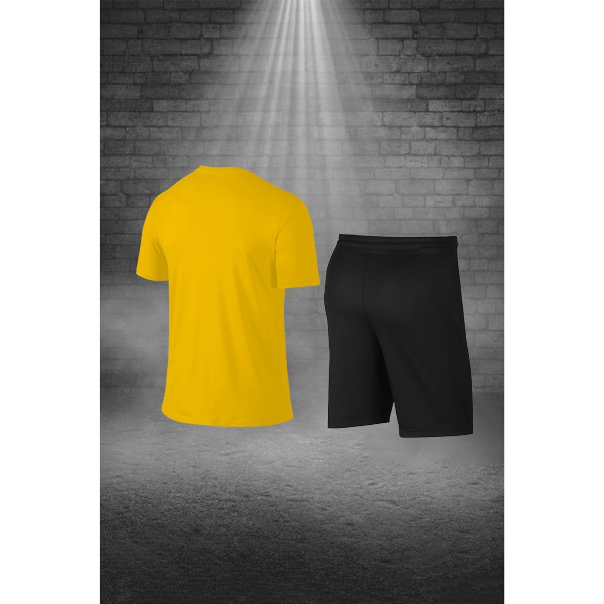 Oversize Erkek Sarı Dri-Fit Kumaş Baskısız Cepli Yuvarlak Yaka Kısa Kol Günlük Şık Tişört Şort Alt Üst İkili Set  4XL-10XL