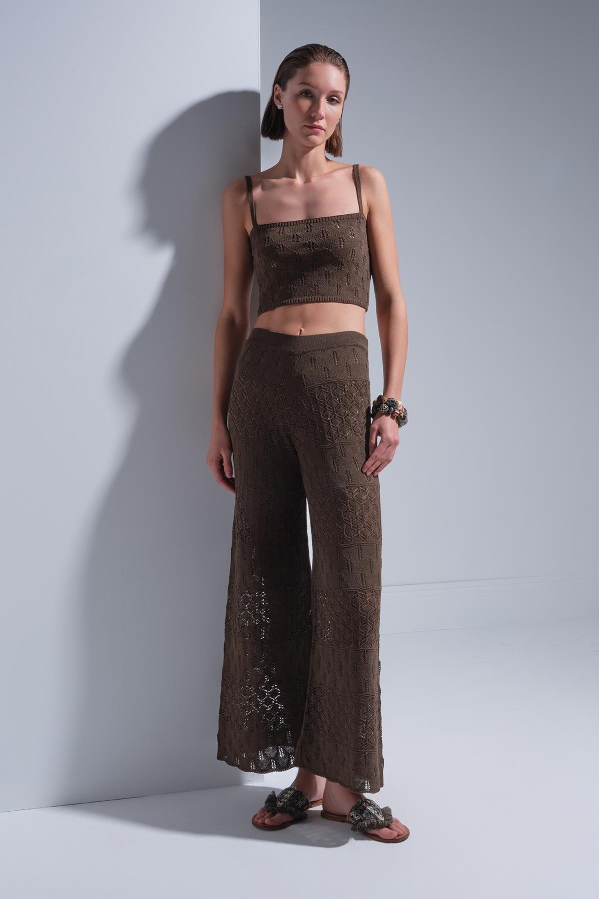 İp Askılı Ajurlu Haki Crop Top