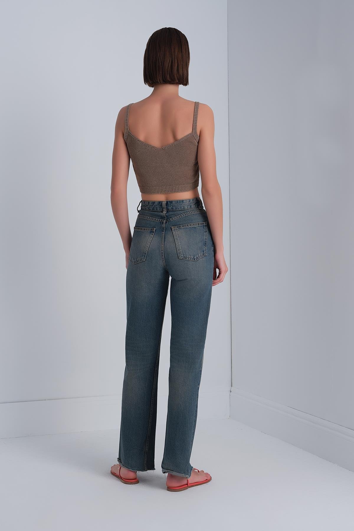 V Yaka Kahverengi Crop Top