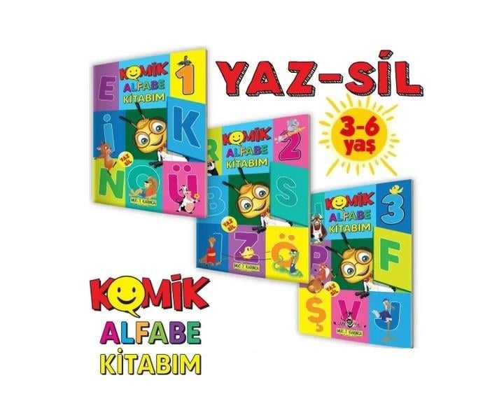 3-6 Yaş Yaz-Sil Komik Alfabe Kitabım Seti , Kolektif , Mucit Karınca , 9786057483355 ,
