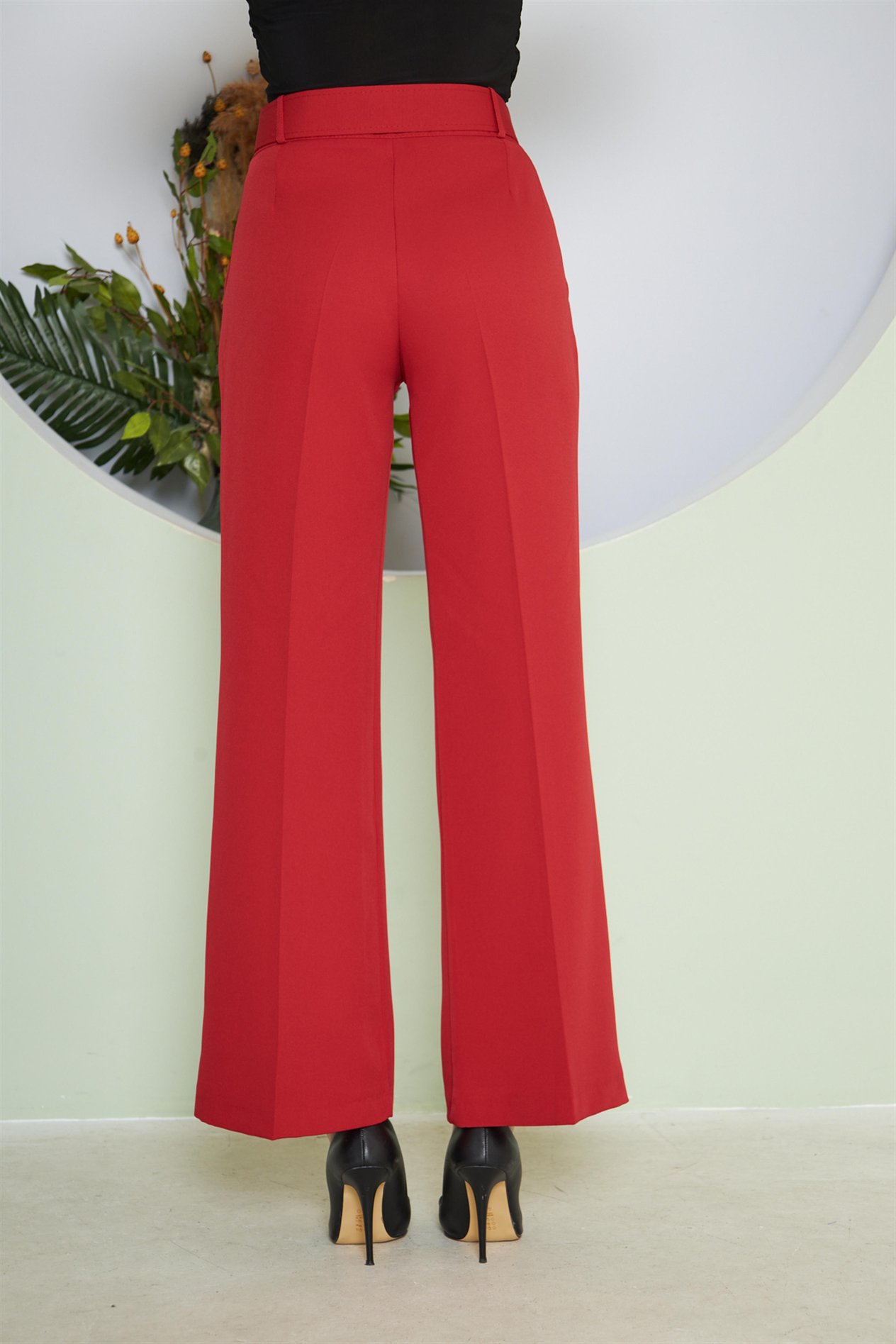 Kemerli Bol Paça Pantolon Kırmızı