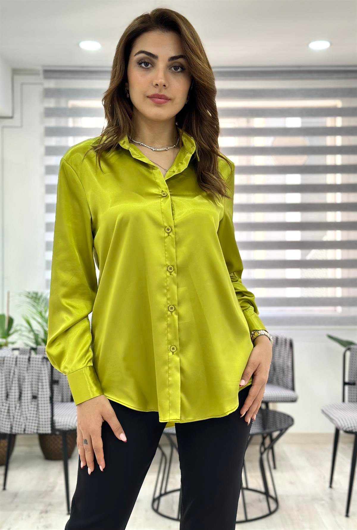 Klasik Saten Gömlek Yağ Yeşili